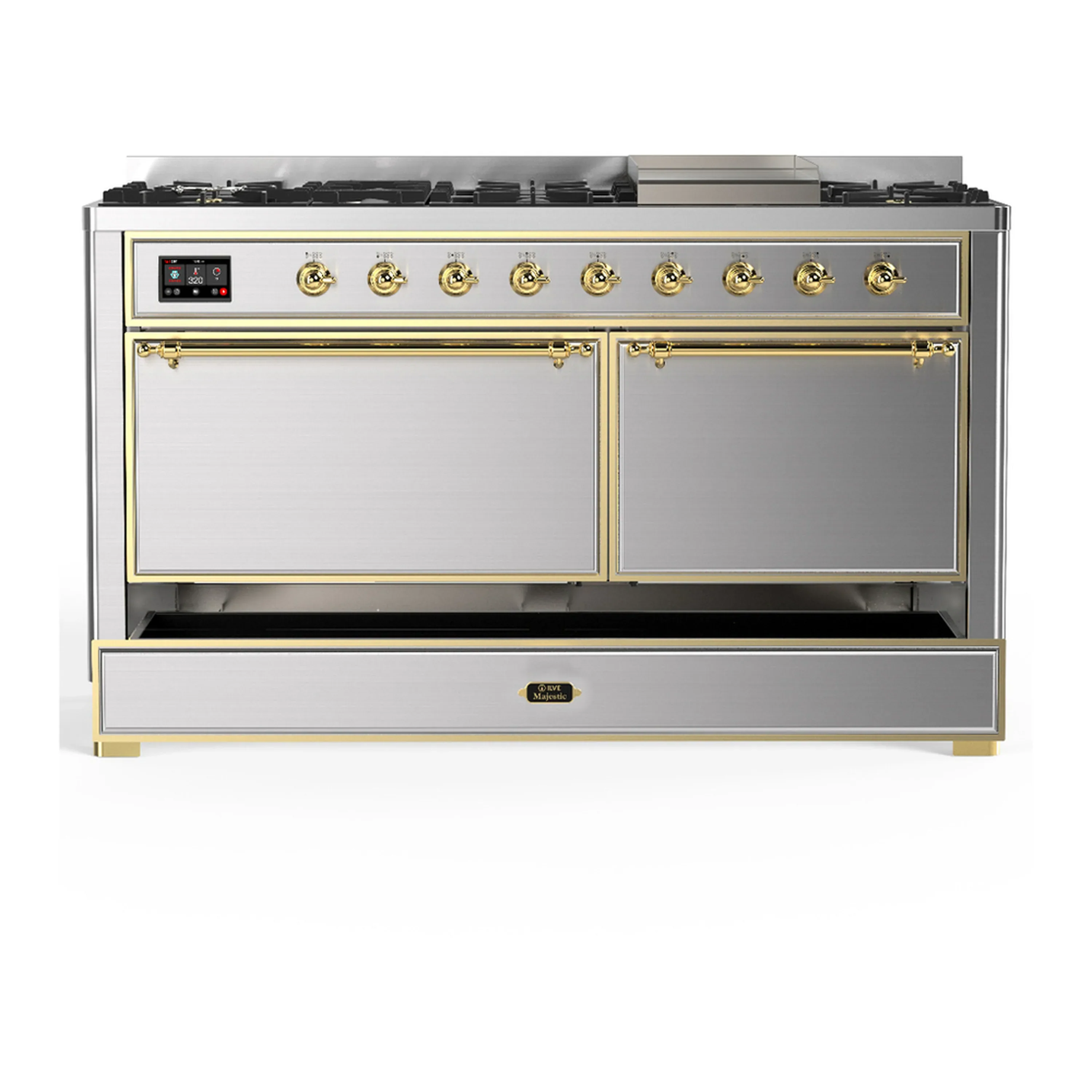 ILVE Majestic III 60-inch Dual Fuel Range with 7 Natural Gas Burner, Griddle and Solid Door Electric Oven in Stainless Steel with Brass Trim (UM60FQNR3SSG) - Image 3