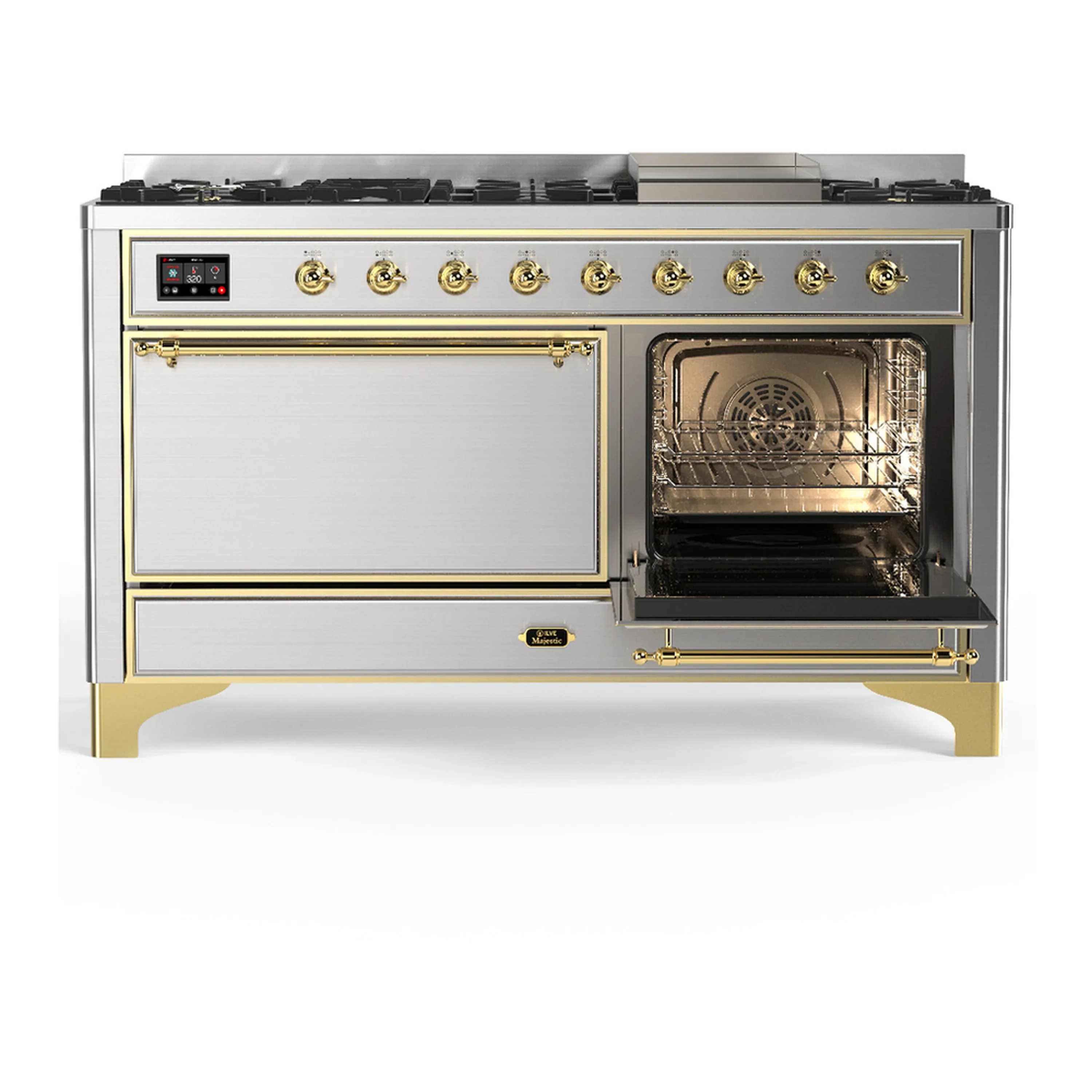 ILVE Majestic III 60-inch Dual Fuel Range with 7 Natural Gas Burner, Griddle and Solid Door Electric Oven in Stainless Steel with Brass Trim (UM60FQNR3SSG) - Image 4