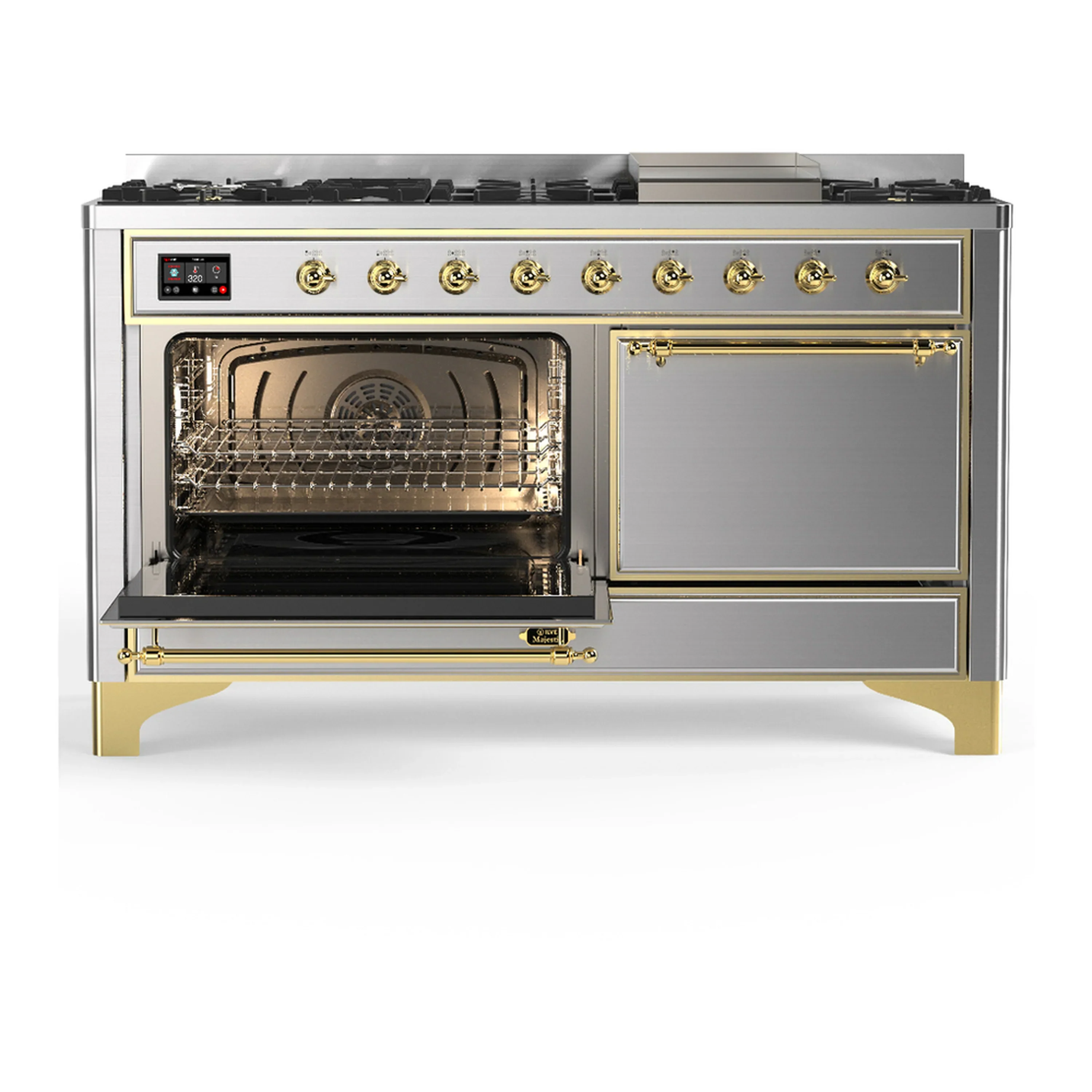 ILVE Majestic III 60-inch Dual Fuel Range with 7 Natural Gas Burner, Griddle and Solid Door Electric Oven in Stainless Steel with Brass Trim (UM60FQNR3SSG) - Image 5