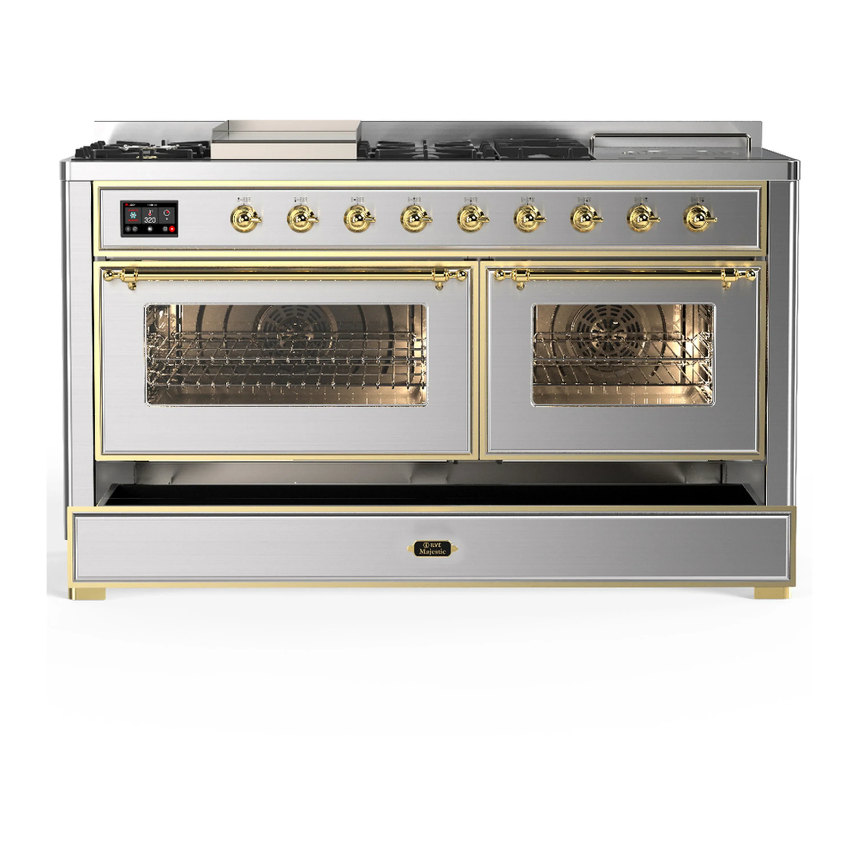 ILVE Majestic III 60-inch Dual Fuel Range with 7 Natural Gas Burner, Griddle, French Top and Triple Glass Door Electric Oven in Stainless Steel with Brass Trim (UM60FSNR3SSG) - Image 3