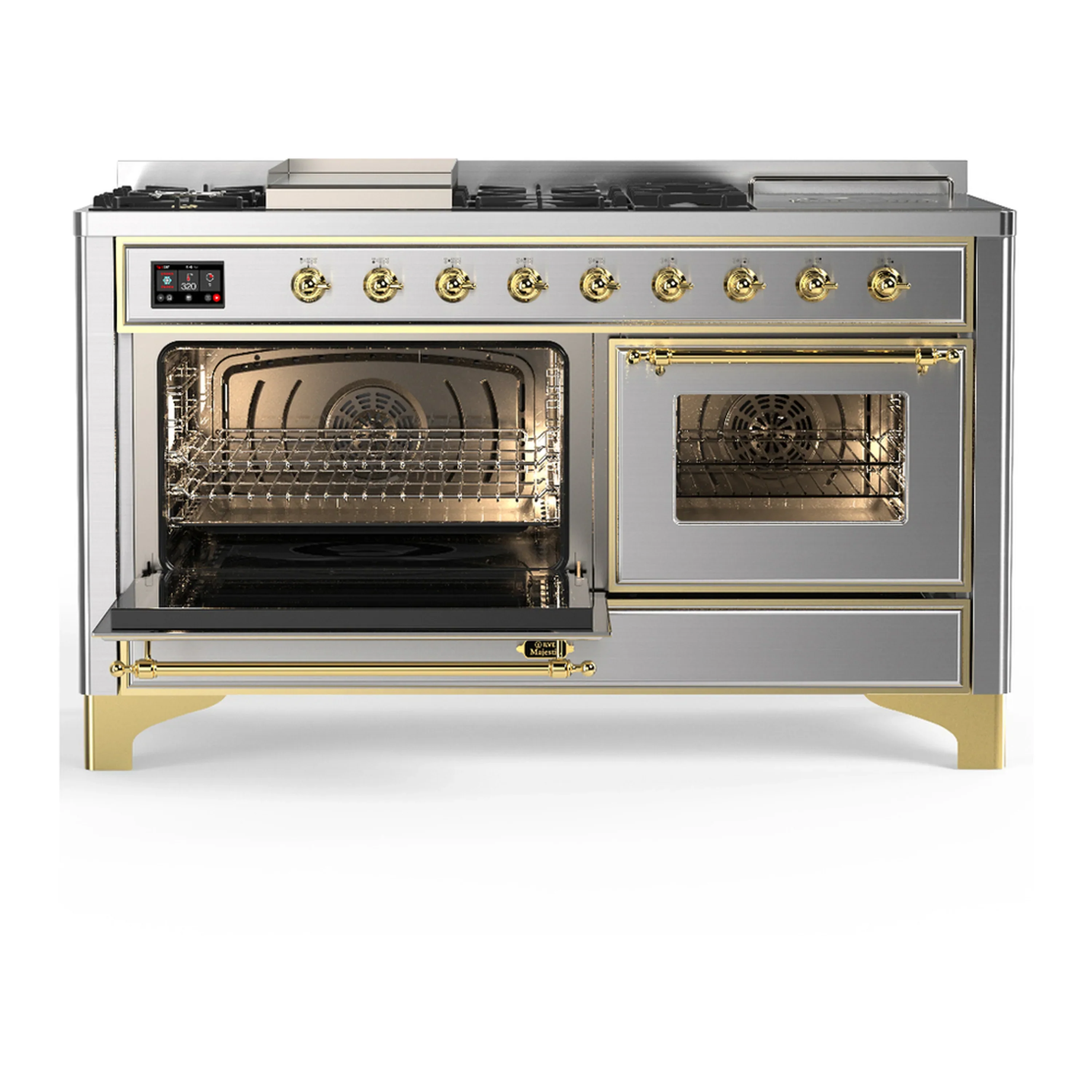 ILVE Majestic III 60-inch Dual Fuel Range with 7 Natural Gas Burner, Griddle, French Top and Triple Glass Door Electric Oven in Stainless Steel with Brass Trim (UM60FSNR3SSG) - Image 5