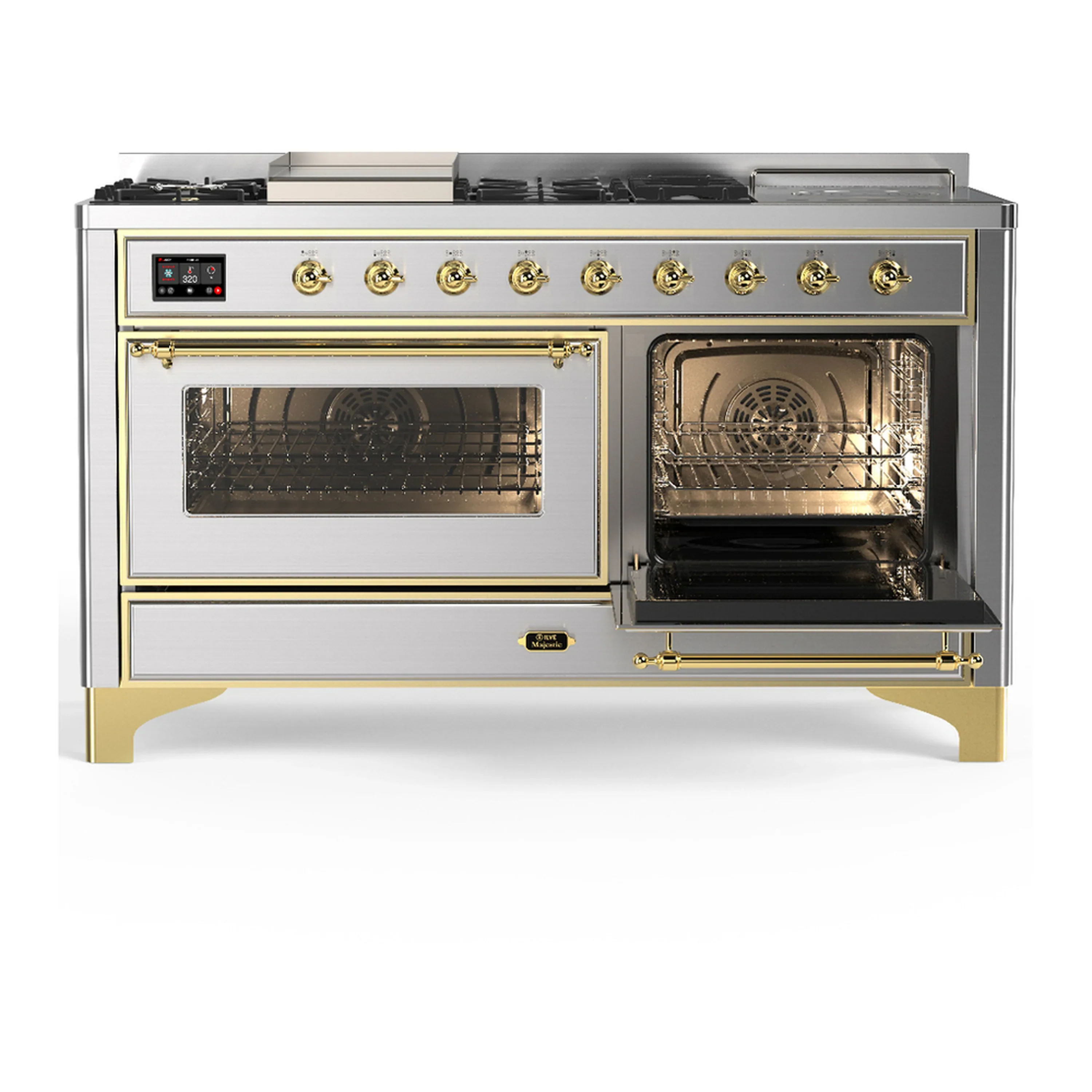 ILVE Majestic III 60-inch Dual Fuel Range with 5 Liquid Propane Burner, Griddle, French Top and Triple Glass Door Electric Oven in Stainless Steel with Brass Trim (UM60FSNR3SSGLP) - Image 4