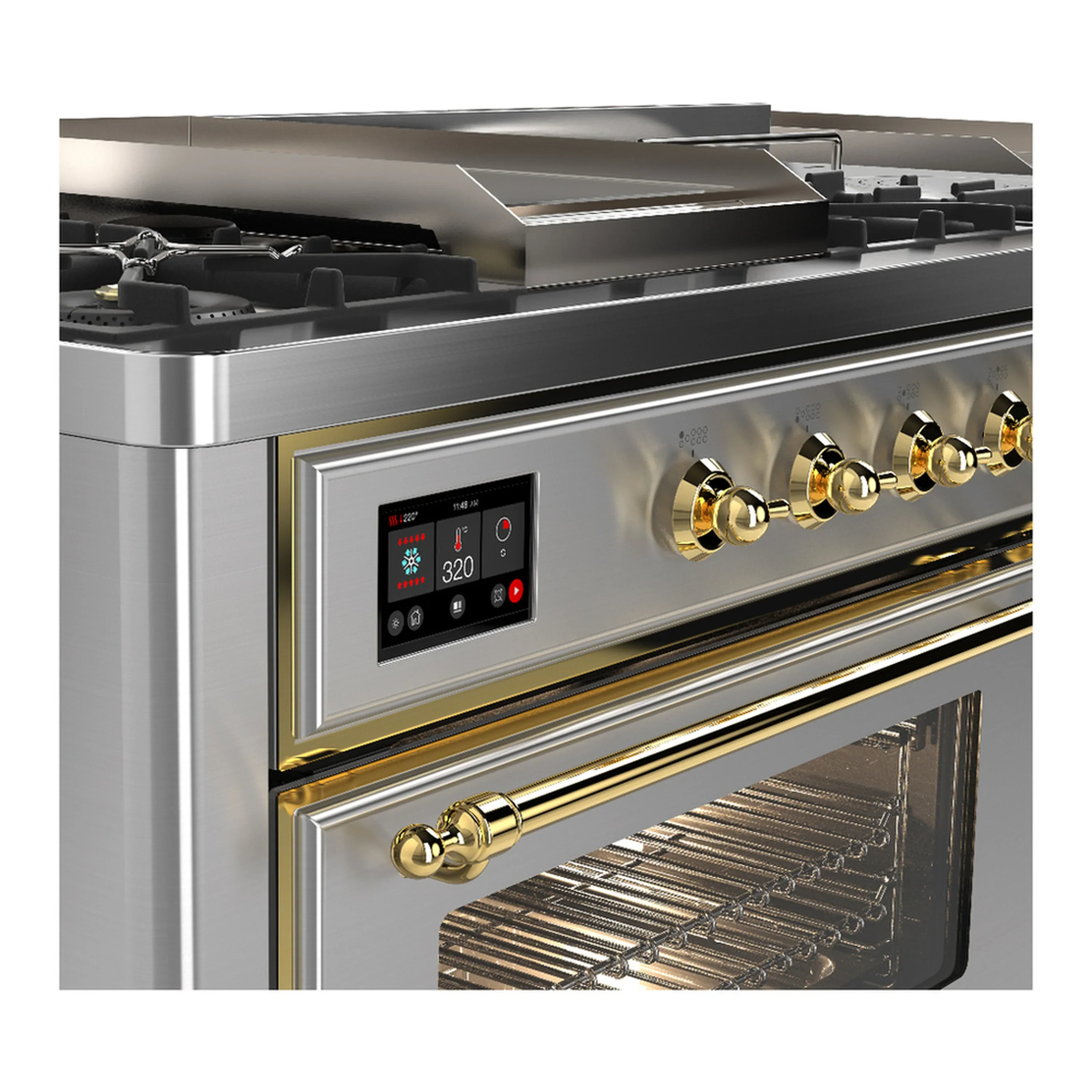 ILVE Majestic III 60-inch Dual Fuel Range with 5 Liquid Propane Burner, Griddle, French Top and Triple Glass Door Electric Oven in Stainless Steel with Brass Trim (UM60FSNR3SSGLP) - Image 7