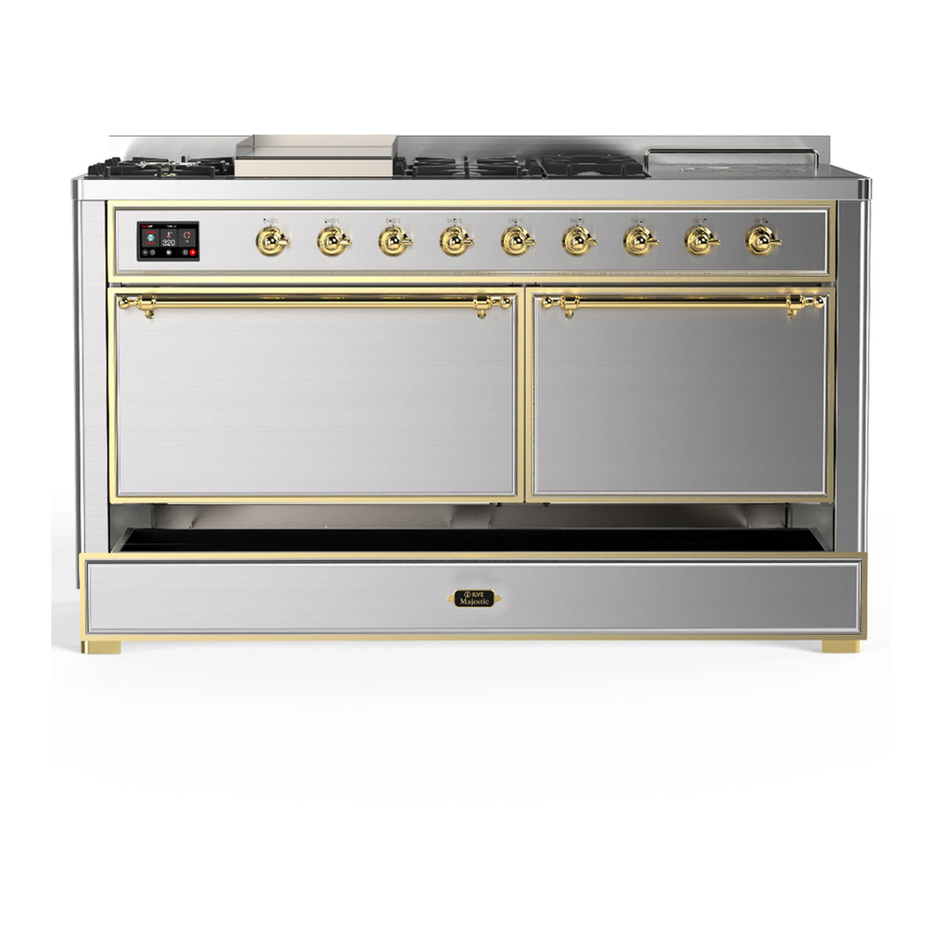 ILVE Majestic III 60-inch Dual Fuel Range with 7 Natural Gas Burner, Griddle, French Top and Solid Door Electric Oven in Stainless Steel with Brass Trim (UM60FSQNR3SSG) - Image 3