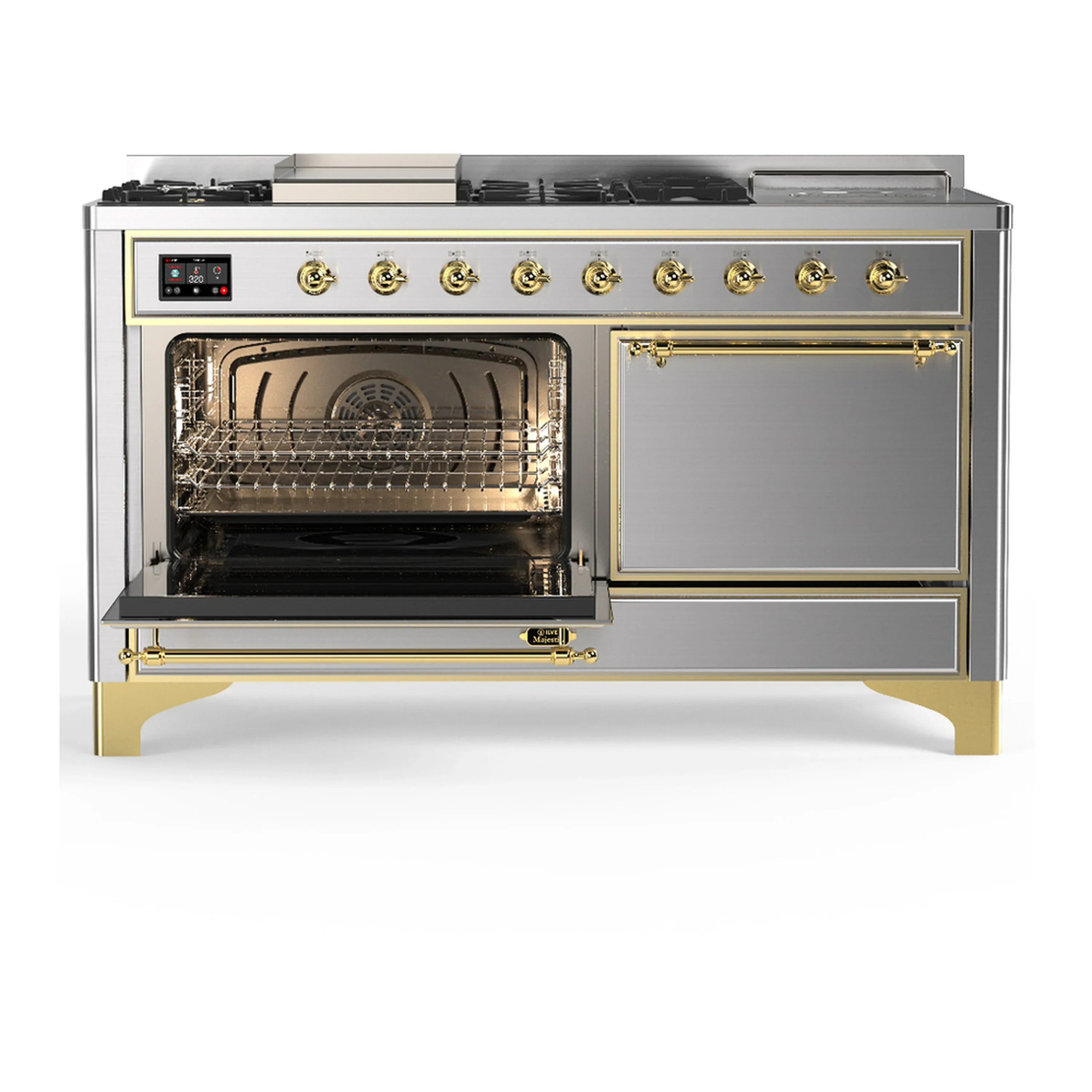 ILVE Majestic III 60-inch Dual Fuel Range with 7 Natural Gas Burner, Griddle, French Top and Solid Door Electric Oven in Stainless Steel with Brass Trim (UM60FSQNR3SSG) - Image 5