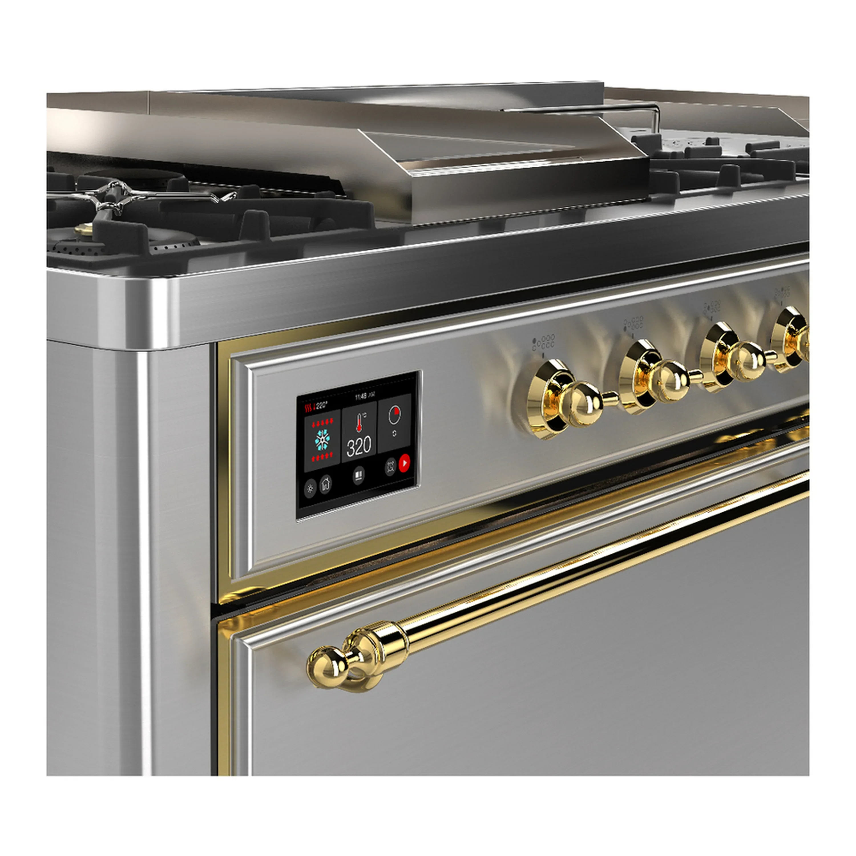 ILVE Majestic III 60-inch Dual Fuel Range with 7 Natural Gas Burner, Griddle, French Top and Solid Door Electric Oven in Stainless Steel with Brass Trim (UM60FSQNR3SSG) - Image 7