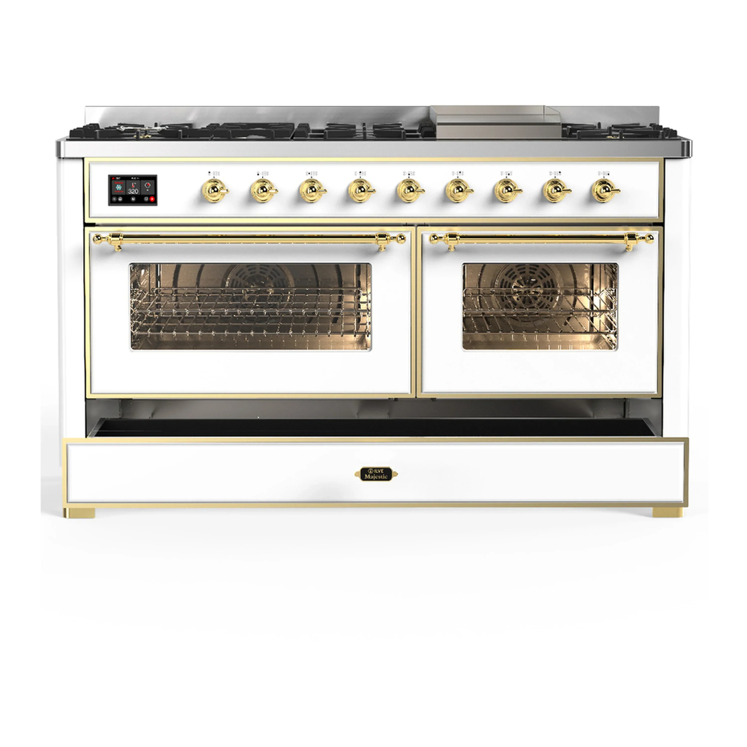 ILVE Majestic III 60-inch Dual Fuel Range with 7 Natural Gas Burner, Griddle and Triple Glass Door Electric Oven in White with Brass Trim (UM60FNR3WHG) - Image 3