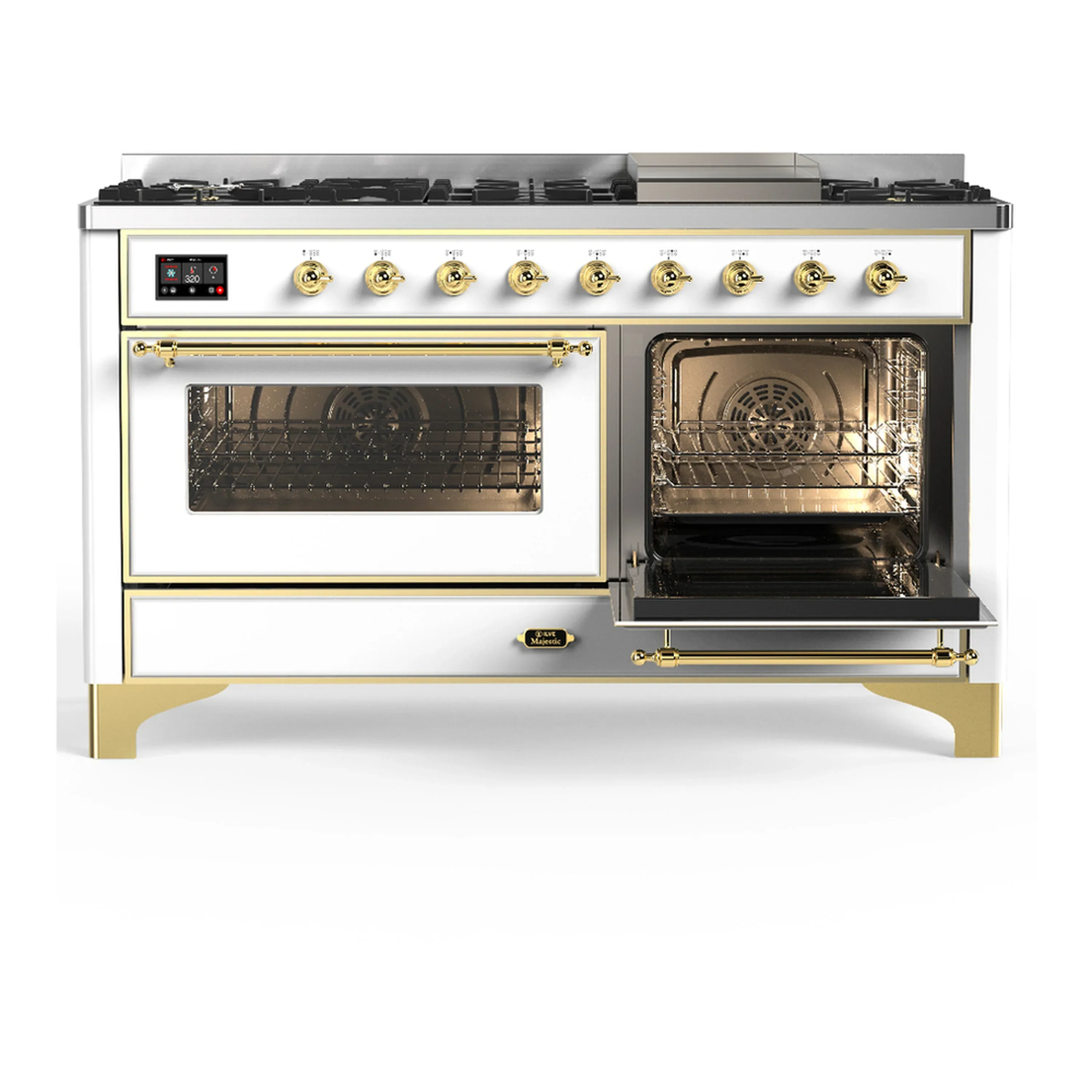 ILVE Majestic III 60-inch Dual Fuel Range with 7 Natural Gas Burner, Griddle and Triple Glass Door Electric Oven in White with Brass Trim (UM60FNR3WHG) - Image 4