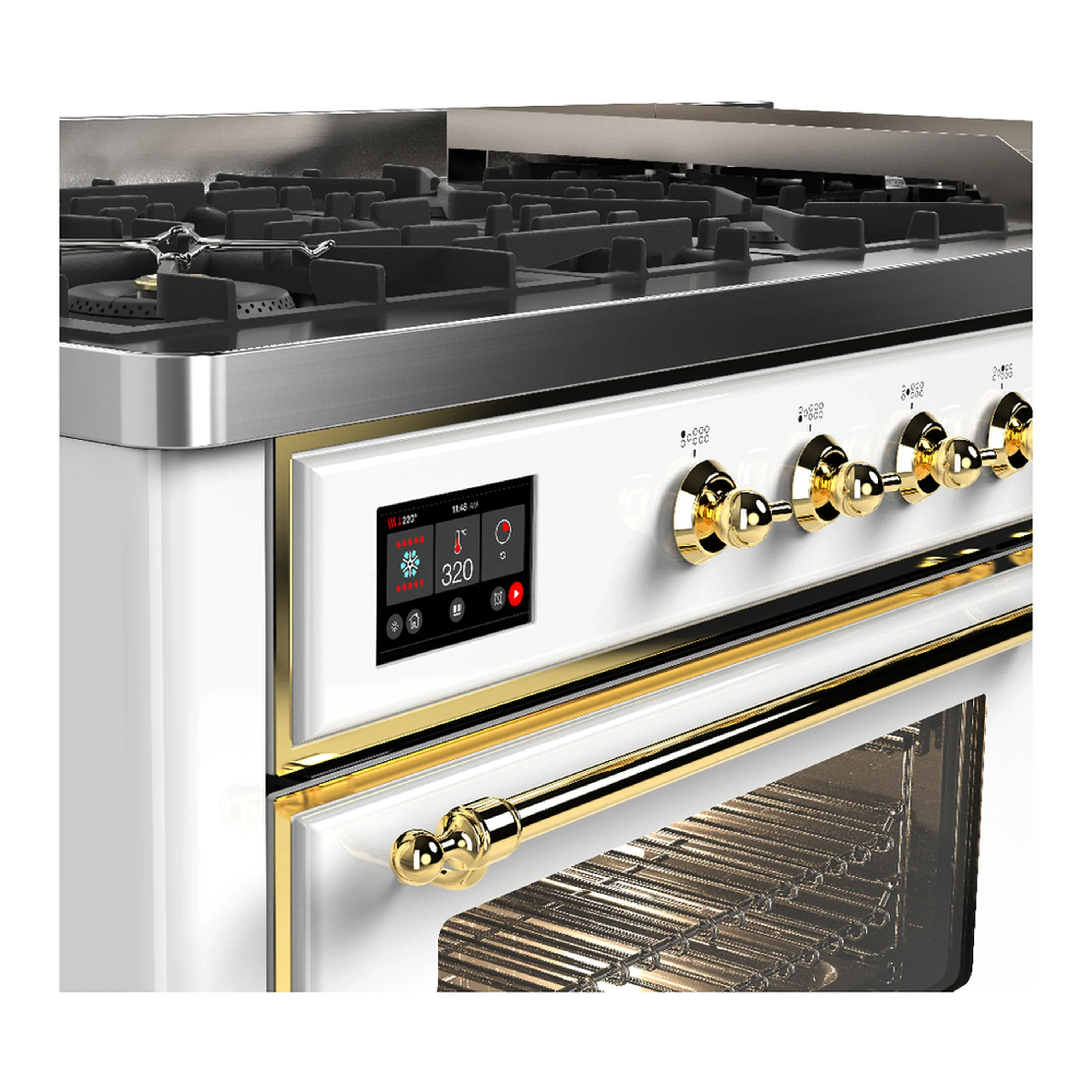 ILVE Majestic III 60-inch Dual Fuel Range with 7 Natural Gas Burner, Griddle and Triple Glass Door Electric Oven in White with Brass Trim (UM60FNR3WHG) - Image 7