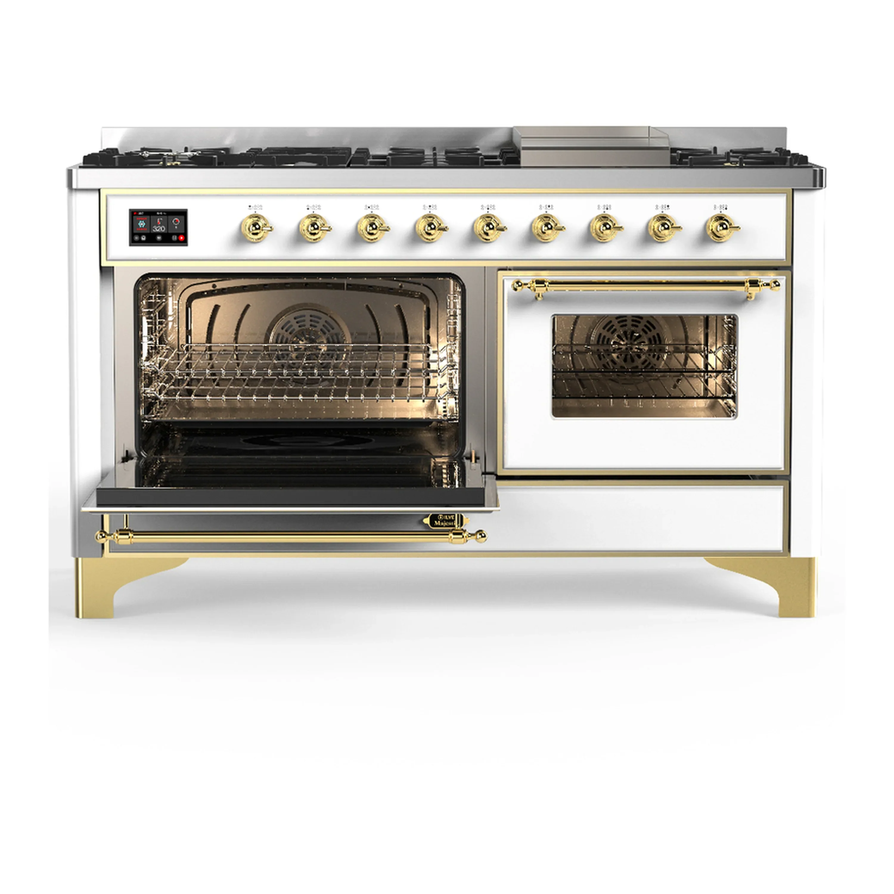 ILVE Majestic III 60-inch Dual Fuel Range with 5 Liquid Propane Burner, Griddle and Triple Glass Door Electric Oven in White with Brass Trim (UM60FNR3WHGLP) - Image 5