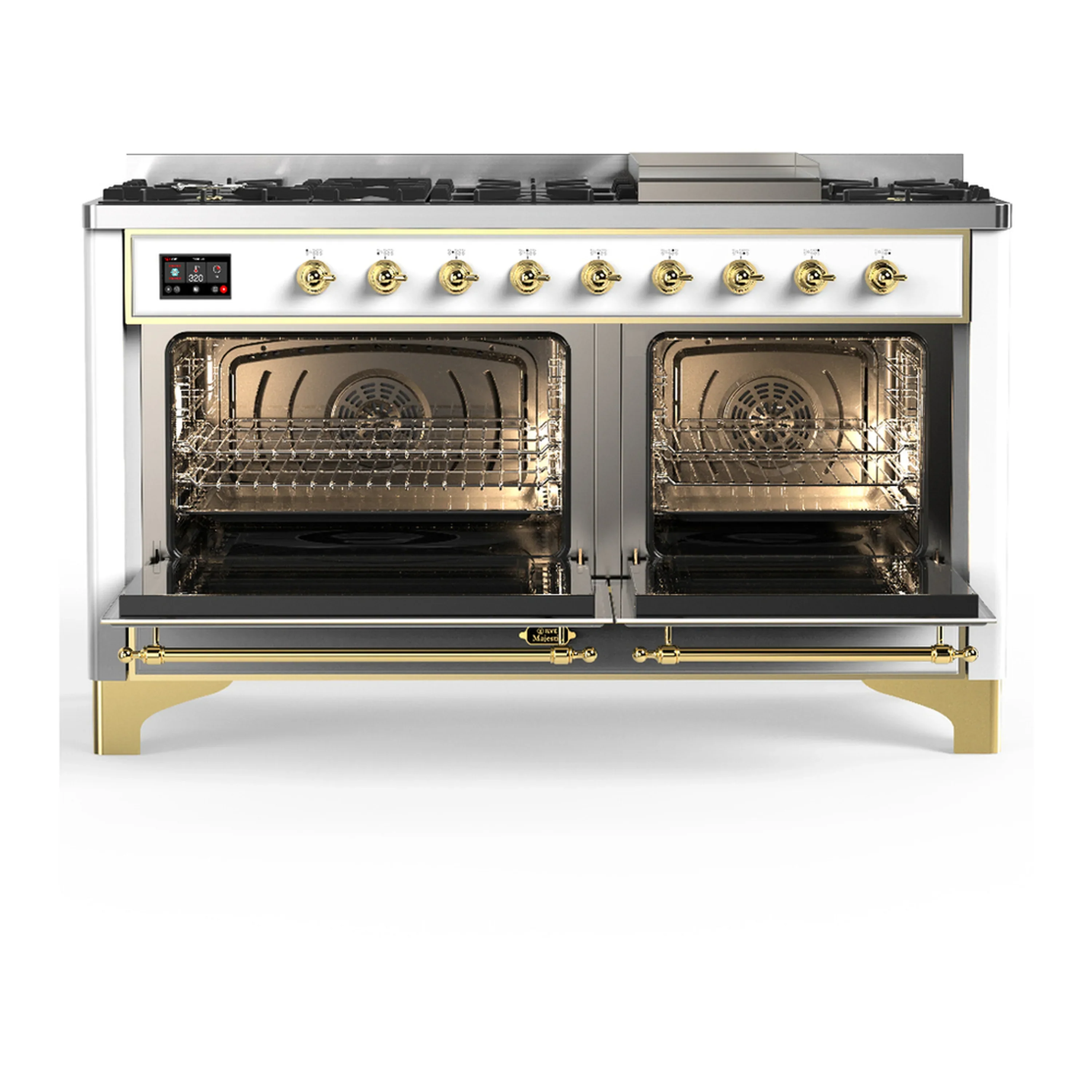 ILVE Majestic III 60-inch Dual Fuel Range with 5 Liquid Propane Burner, Griddle and Triple Glass Door Electric Oven in White with Brass Trim (UM60FNR3WHGLP) - Image 6