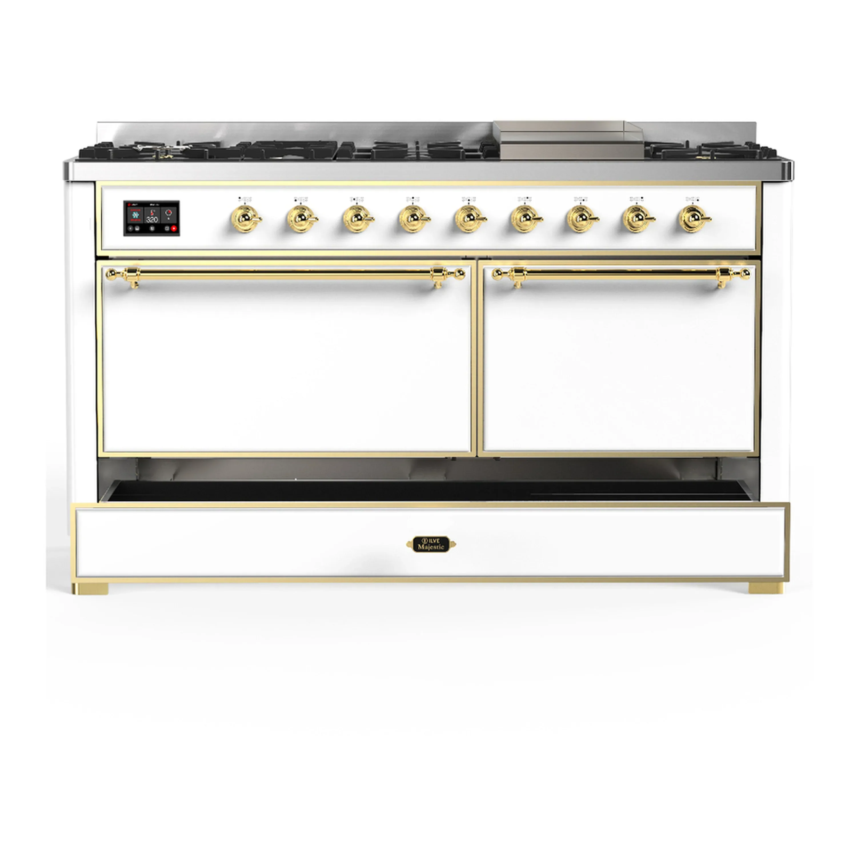 ILVE Majestic III 60-inch Dual Fuel Range with 7 Natural Gas Burner, Griddle and Solid Door Electric Oven in White with Brass Trim (UM60FQNR3WHG) - Image 3