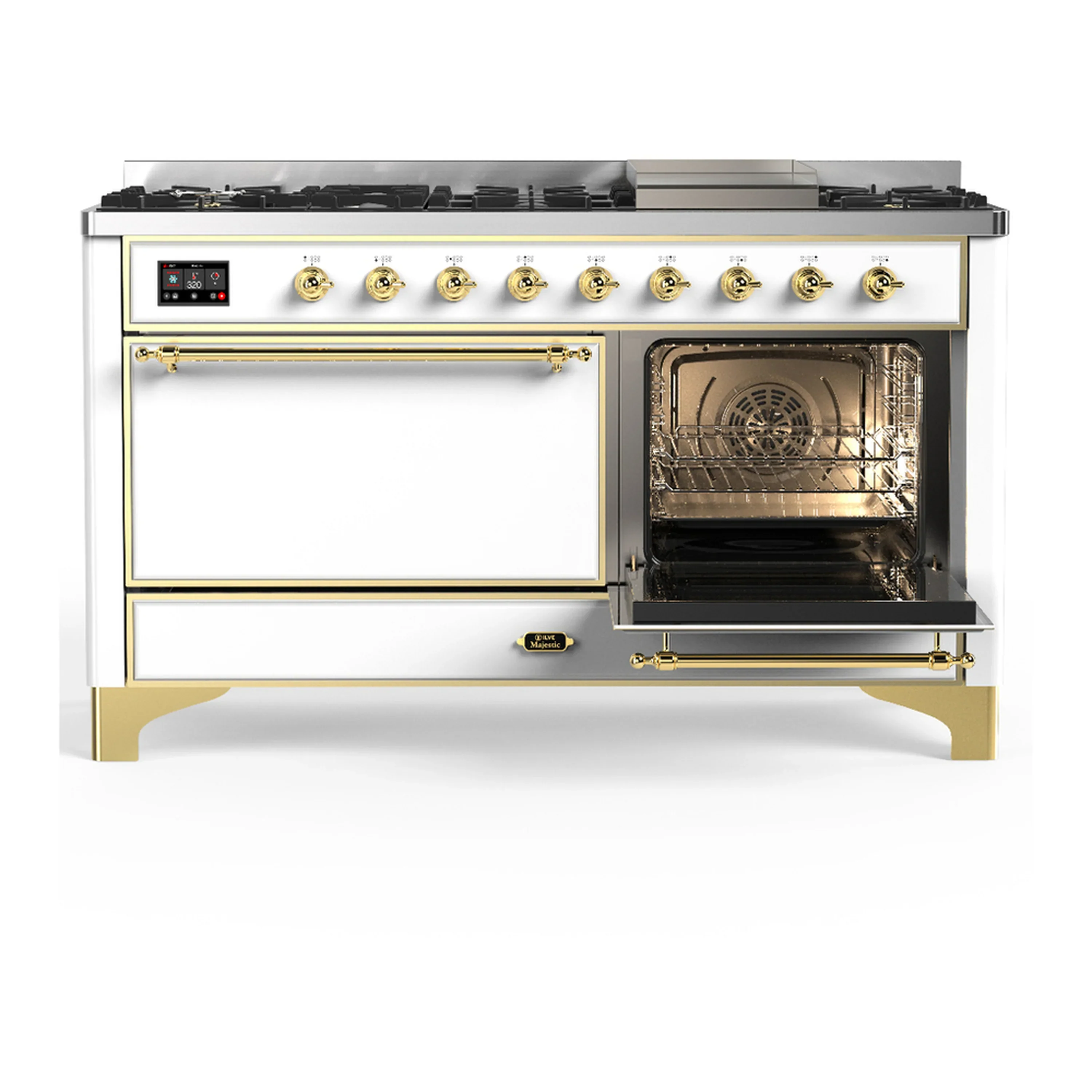 ILVE Majestic III 60-inch Dual Fuel Range with 7 Natural Gas Burner, Griddle and Solid Door Electric Oven in White with Brass Trim (UM60FQNR3WHG) - Image 4