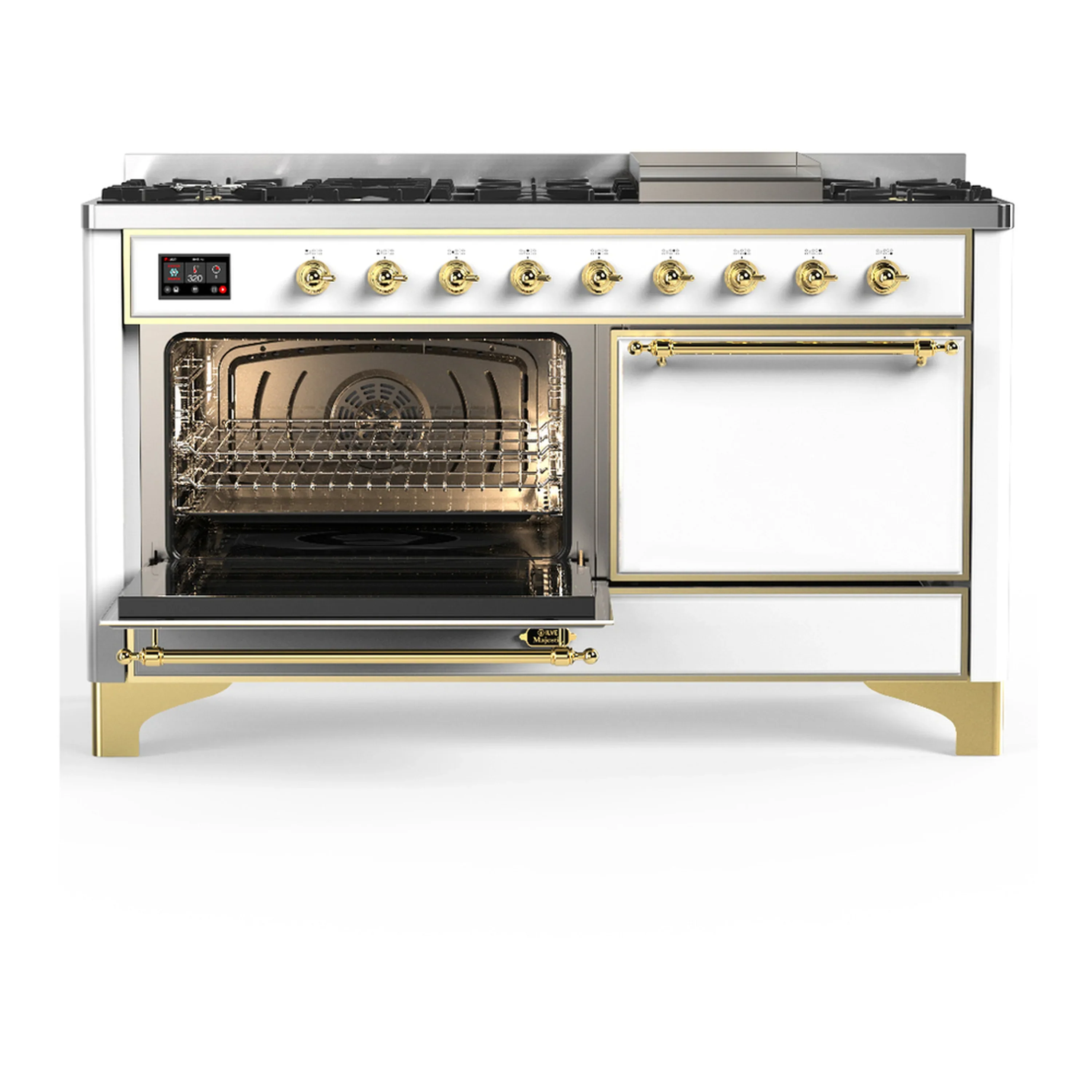 ILVE Majestic III 60-inch Dual Fuel Range with 7 Natural Gas Burner, Griddle and Solid Door Electric Oven in White with Brass Trim (UM60FQNR3WHG) - Image 5