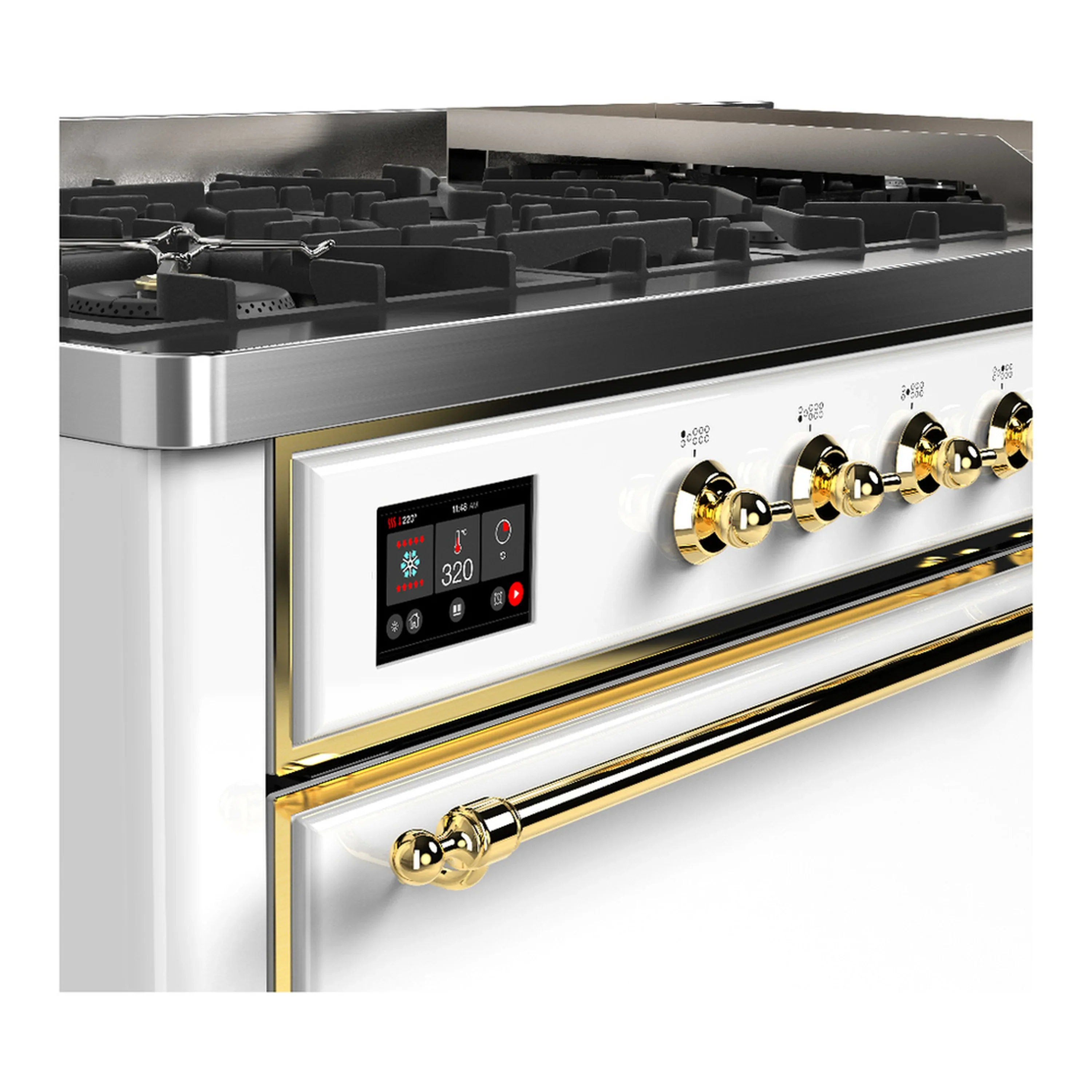 ILVE Majestic III 60-inch Dual Fuel Range with 7 Natural Gas Burner, Griddle and Solid Door Electric Oven in White with Brass Trim (UM60FQNR3WHG) - Image 7