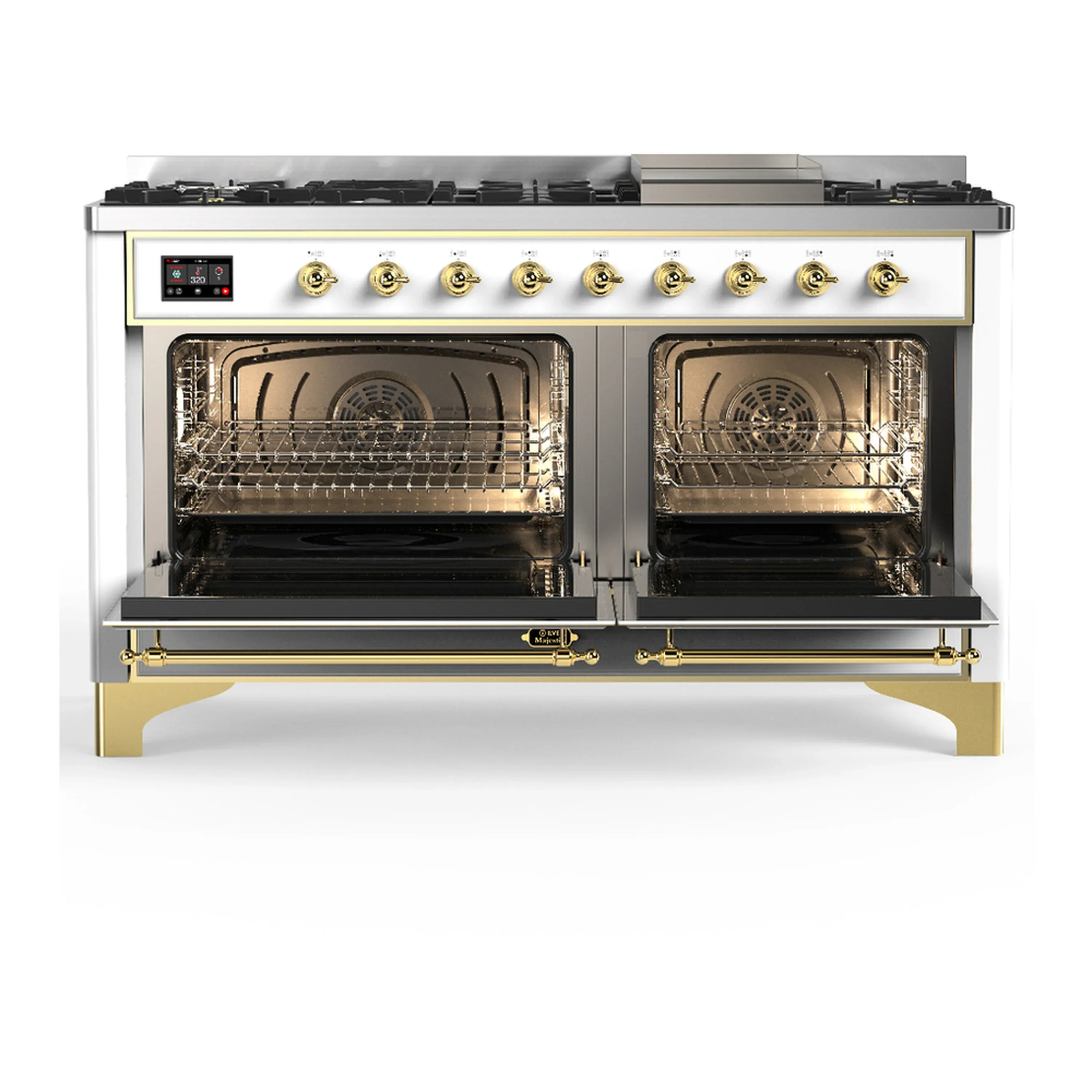 ILVE Majestic III 60-inch Dual Fuel Range with 5 Liquid Propane Burner, Griddle and Solid Door Electric Oven in White with Brass Trim (UM60FQNR3WHGLP) - Image 6