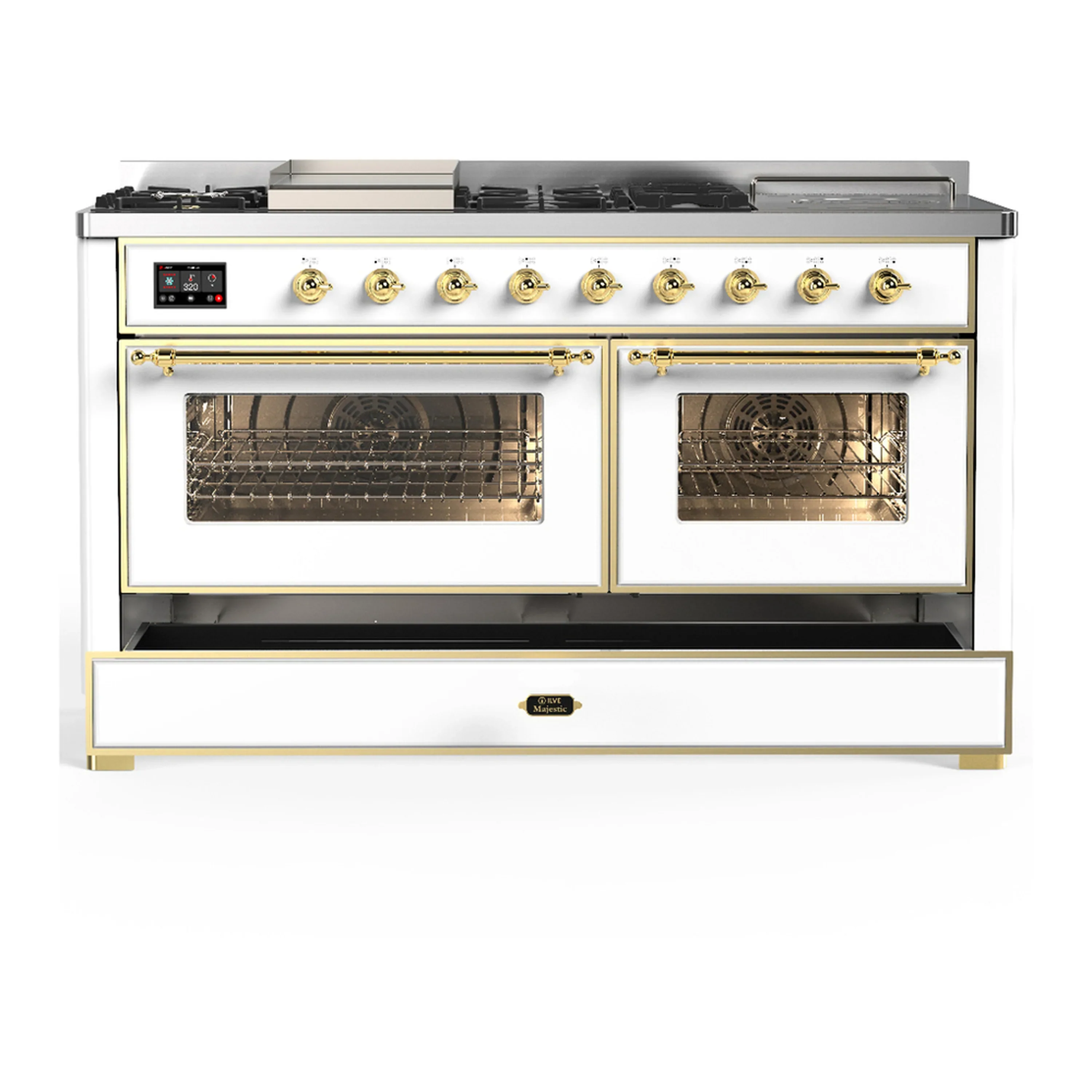 ILVE Majestic III 60-inch Dual Fuel Range with 7 Natural Gas Burner, Griddle, French Top and Triple Glass Door Electric Oven in White with Brass Trim (UM60FSNR3WHG) - Image 3