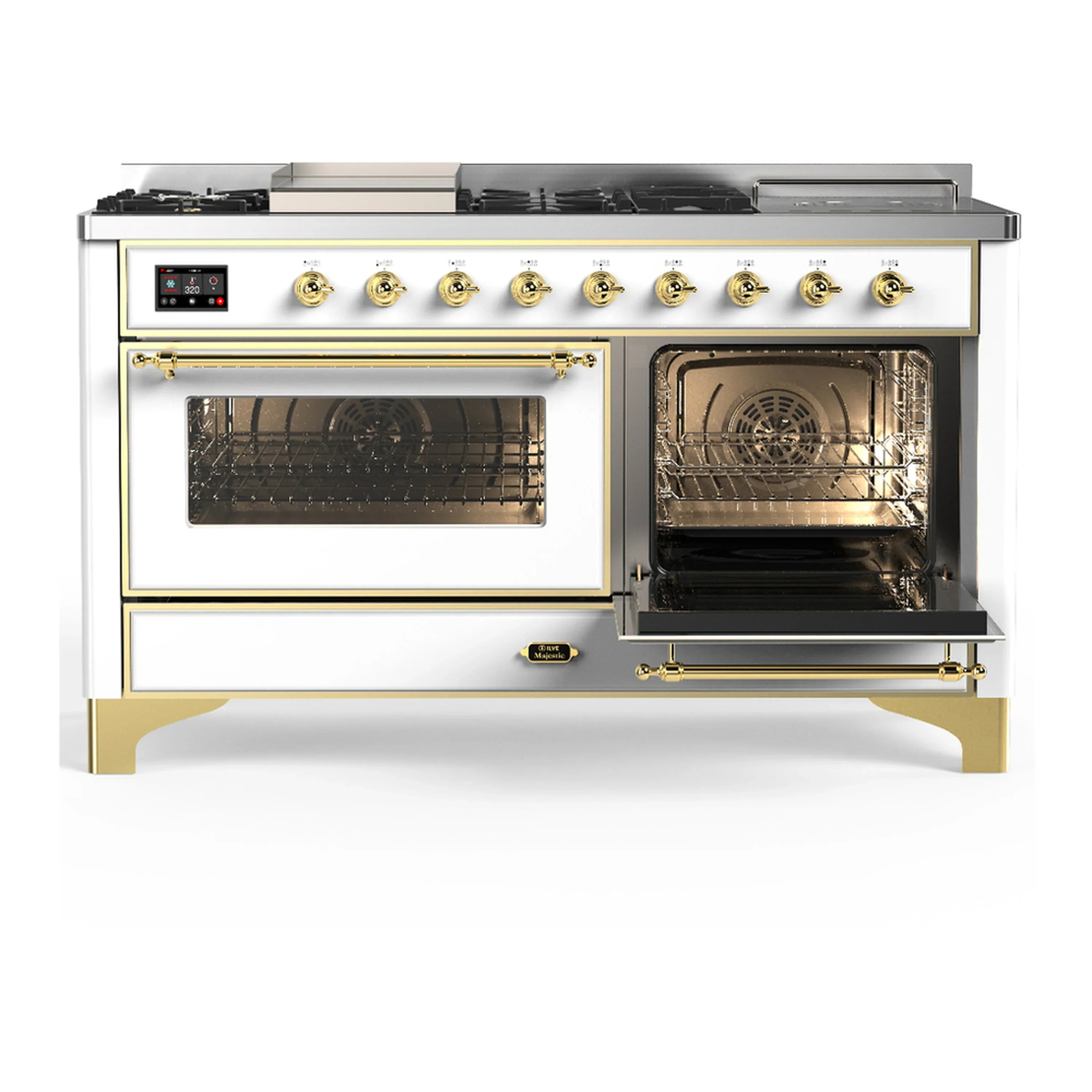 ILVE Majestic III 60-inch Dual Fuel Range with 7 Natural Gas Burner, Griddle, French Top and Triple Glass Door Electric Oven in White with Brass Trim (UM60FSNR3WHG) - Image 4