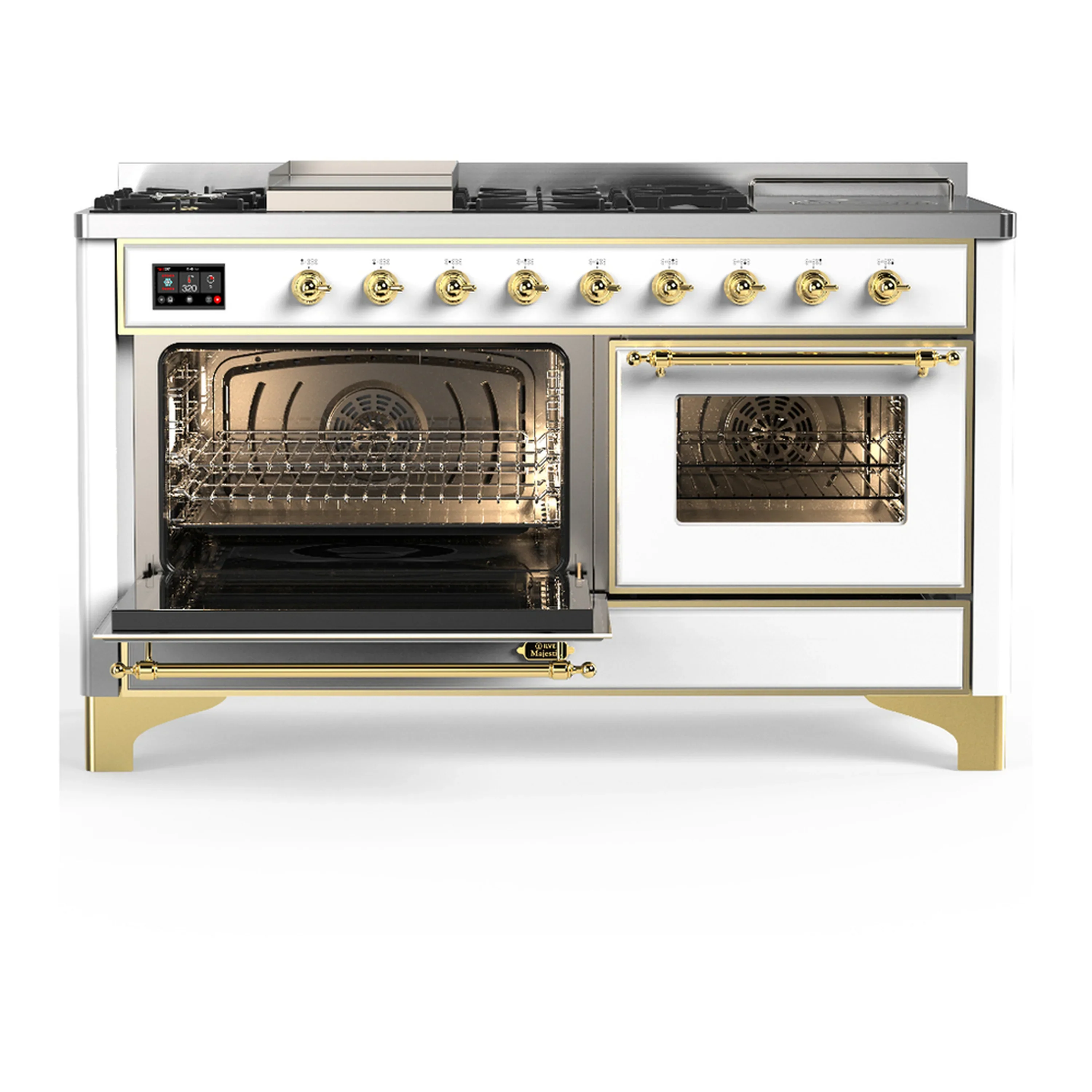 ILVE Majestic III 60-inch Dual Fuel Range with 7 Natural Gas Burner, Griddle, French Top and Triple Glass Door Electric Oven in White with Brass Trim (UM60FSNR3WHG) - Image 5