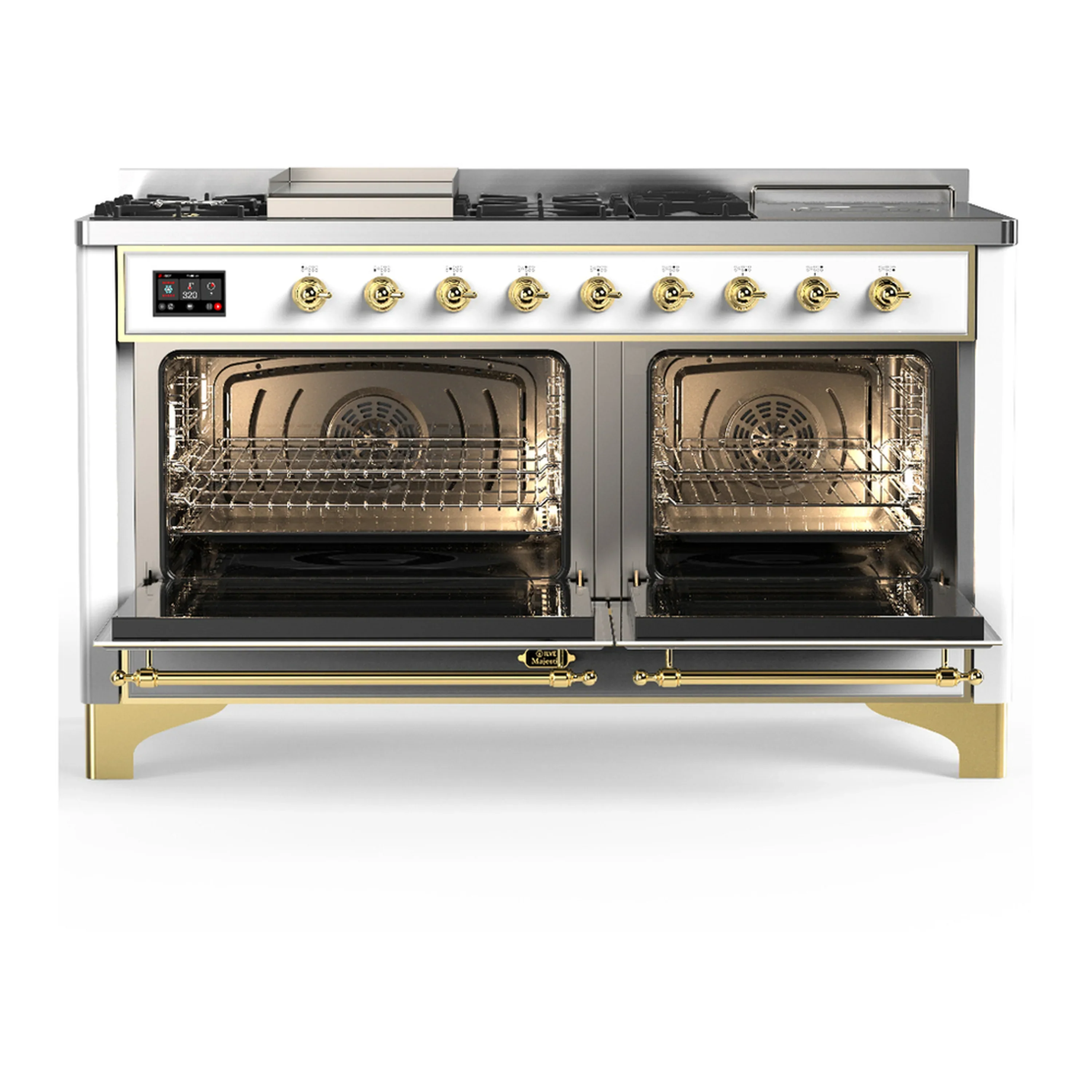 ILVE Majestic III 60-inch Dual Fuel Range with 7 Natural Gas Burner, Griddle, French Top and Triple Glass Door Electric Oven in White with Brass Trim (UM60FSNR3WHG) - Image 6