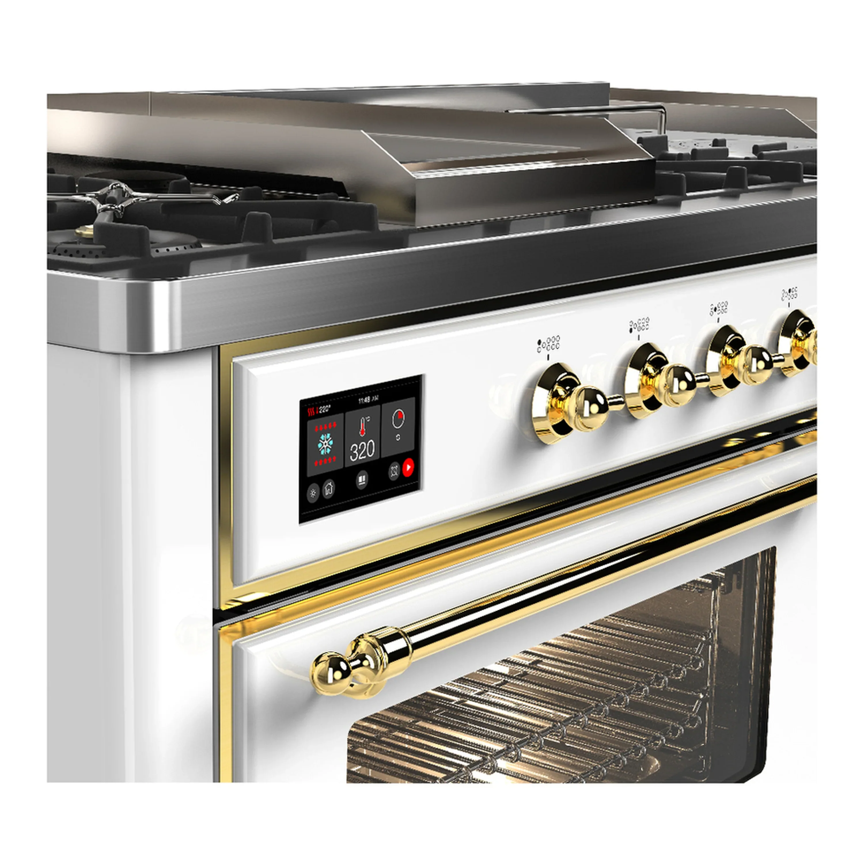 ILVE Majestic III 60-inch Dual Fuel Range with 7 Natural Gas Burner, Griddle, French Top and Triple Glass Door Electric Oven in White with Brass Trim (UM60FSNR3WHG) - Image 7