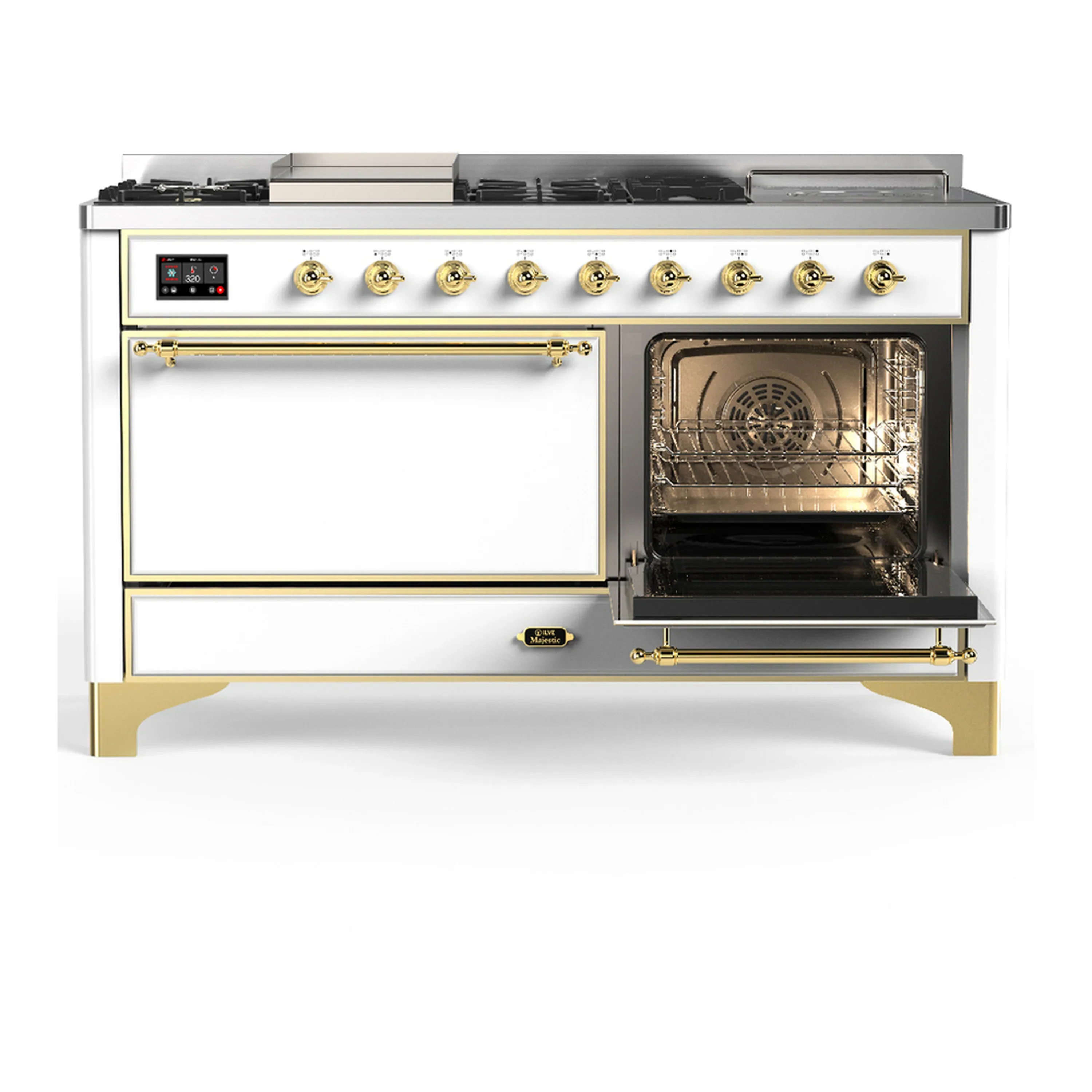 ILVE Majestic III 60-inch Dual Fuel Range with 7 Natural Gas Burner, Griddle, French Top and Solid Door Electric Oven in White with Brass Trim (UM60FSQNR3WHG) - Image 4
