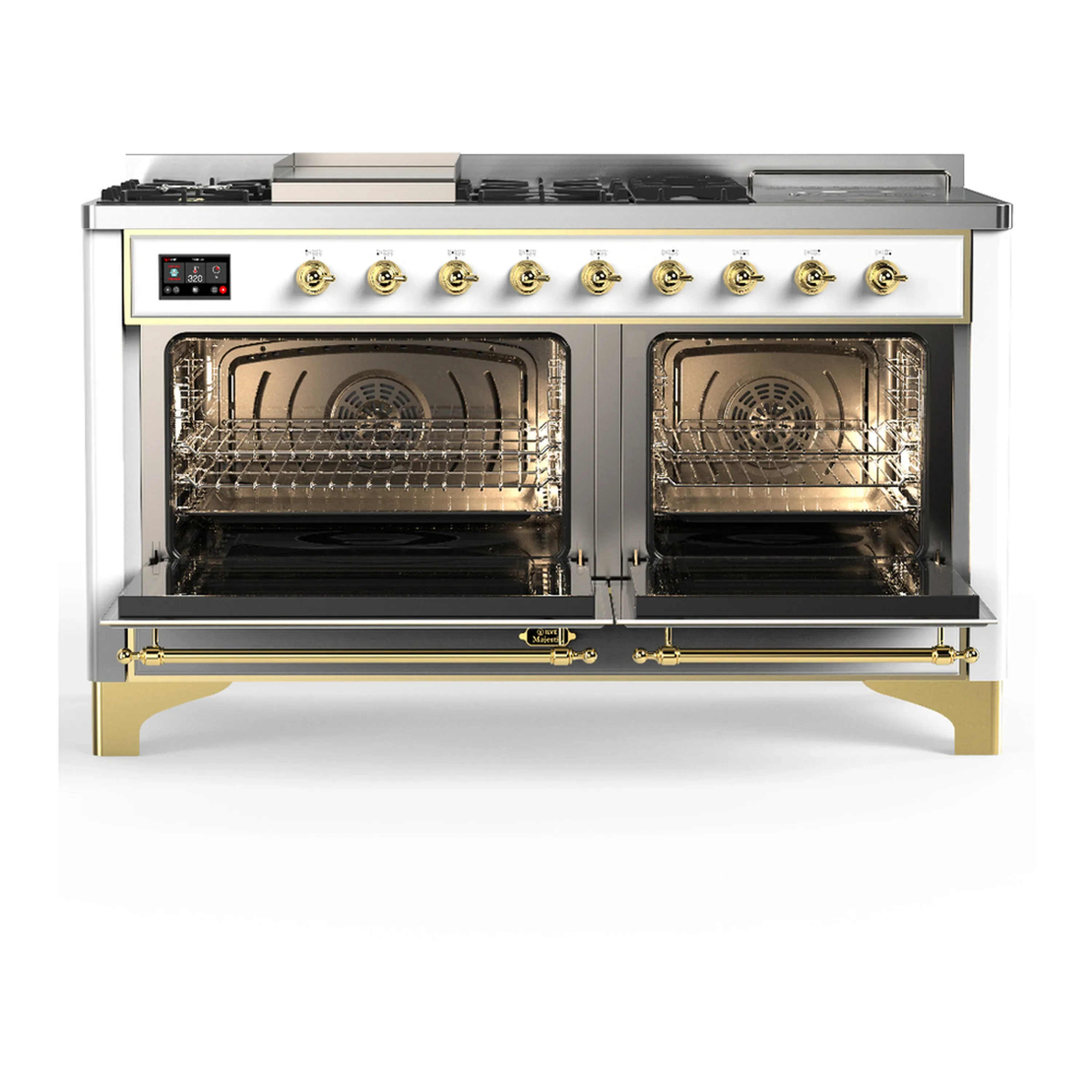 ILVE Majestic III 60-inch Dual Fuel Range with 7 Natural Gas Burner, Griddle, French Top and Solid Door Electric Oven in White with Brass Trim (UM60FSQNR3WHG) - Image 6