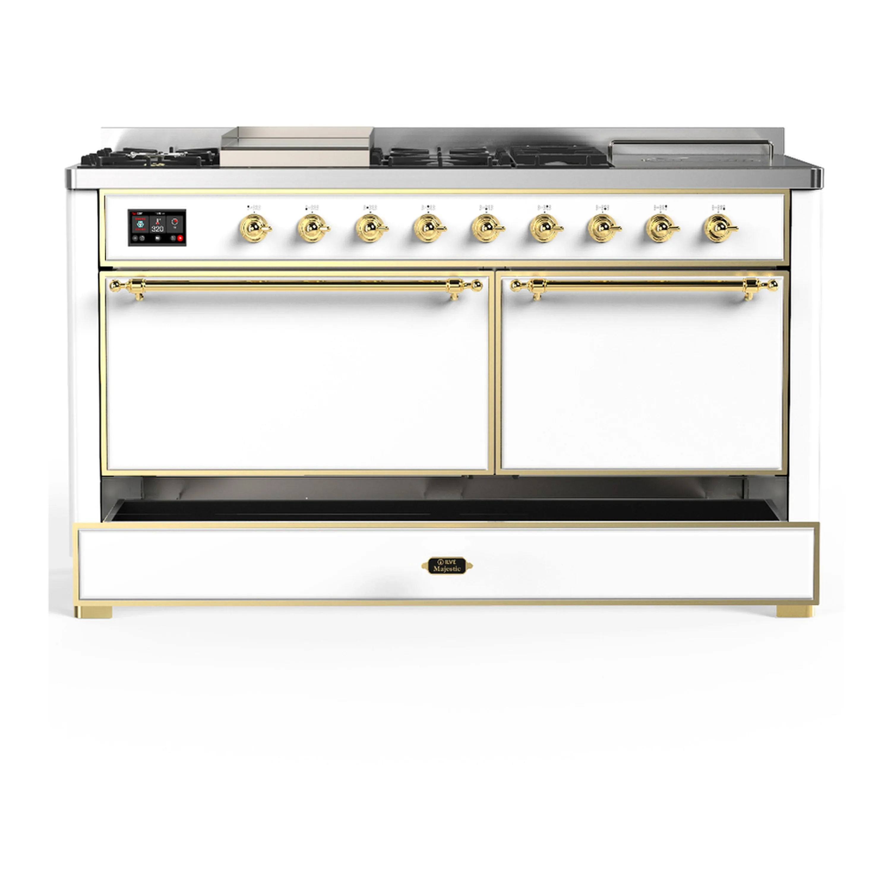 ILVE Majestic III 60-inch Dual Fuel Range with 5 Liquid Propane Burner, Griddle, French Top and Solid Door Electric Oven in White with Brass Trim (UM60FSQNR3WHGLP) - Image 3