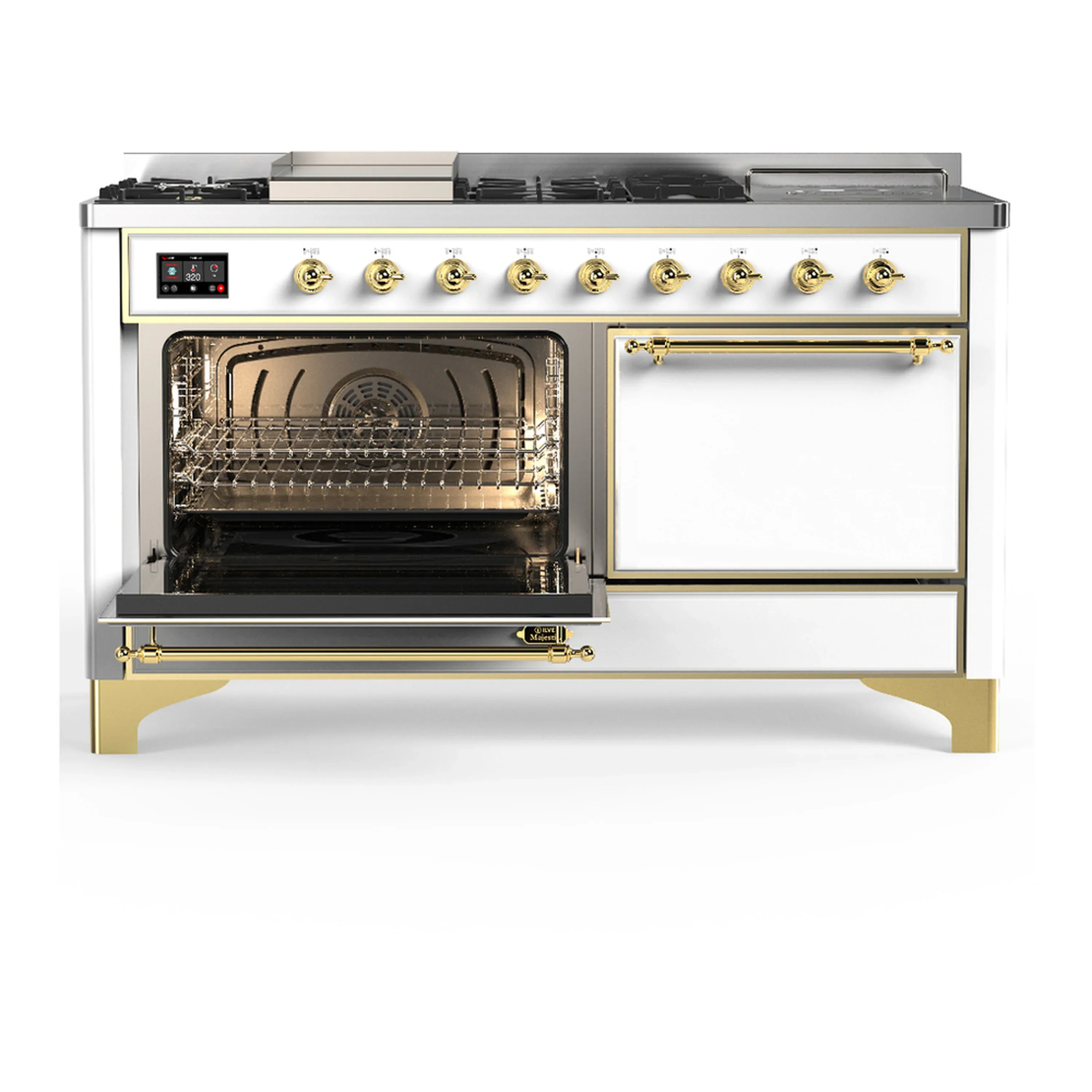 ILVE Majestic III 60-inch Dual Fuel Range with 5 Liquid Propane Burner, Griddle, French Top and Solid Door Electric Oven in White with Brass Trim (UM60FSQNR3WHGLP) - Image 5