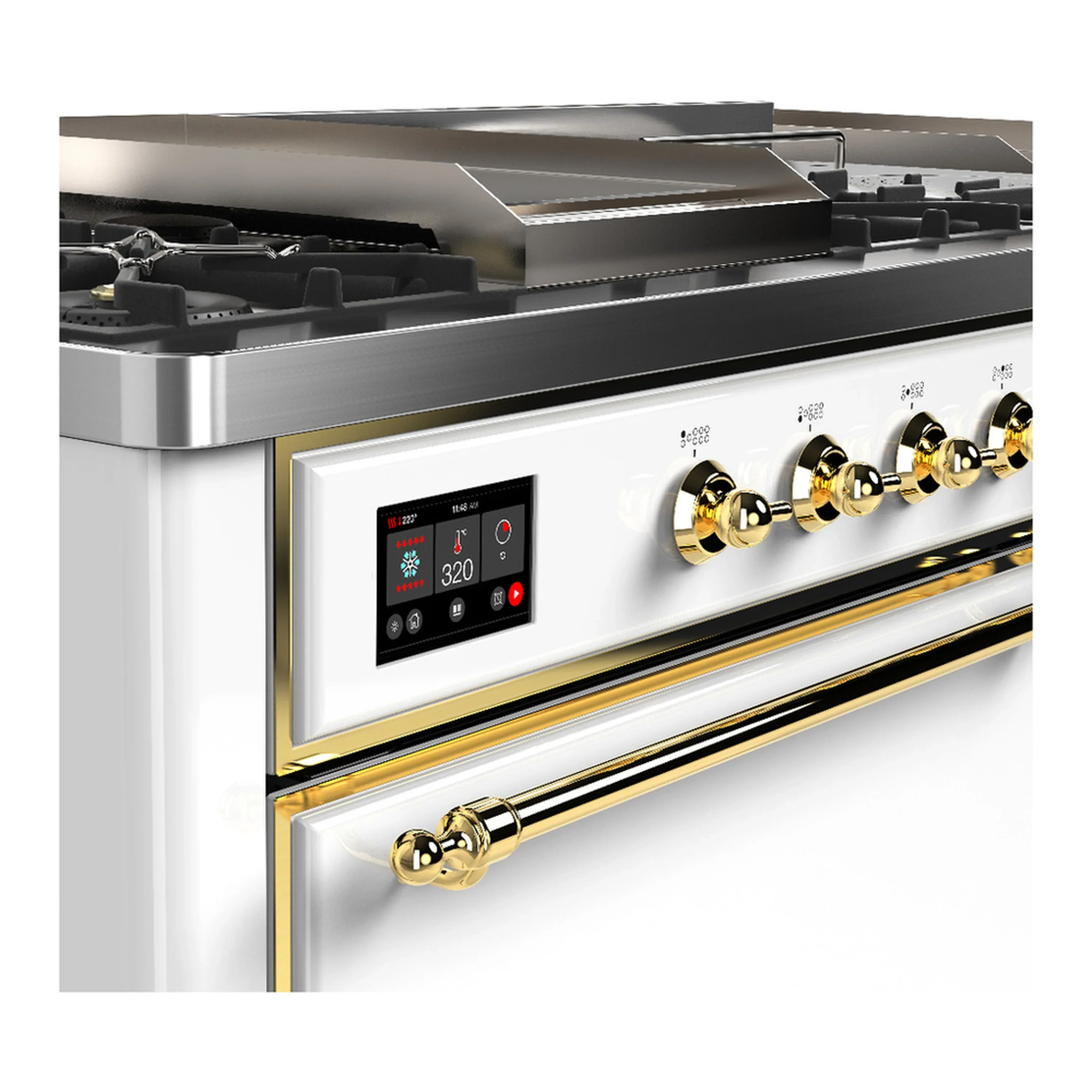 ILVE Majestic III 60-inch Dual Fuel Range with 5 Liquid Propane Burner, Griddle, French Top and Solid Door Electric Oven in White with Brass Trim (UM60FSQNR3WHGLP) - Image 7