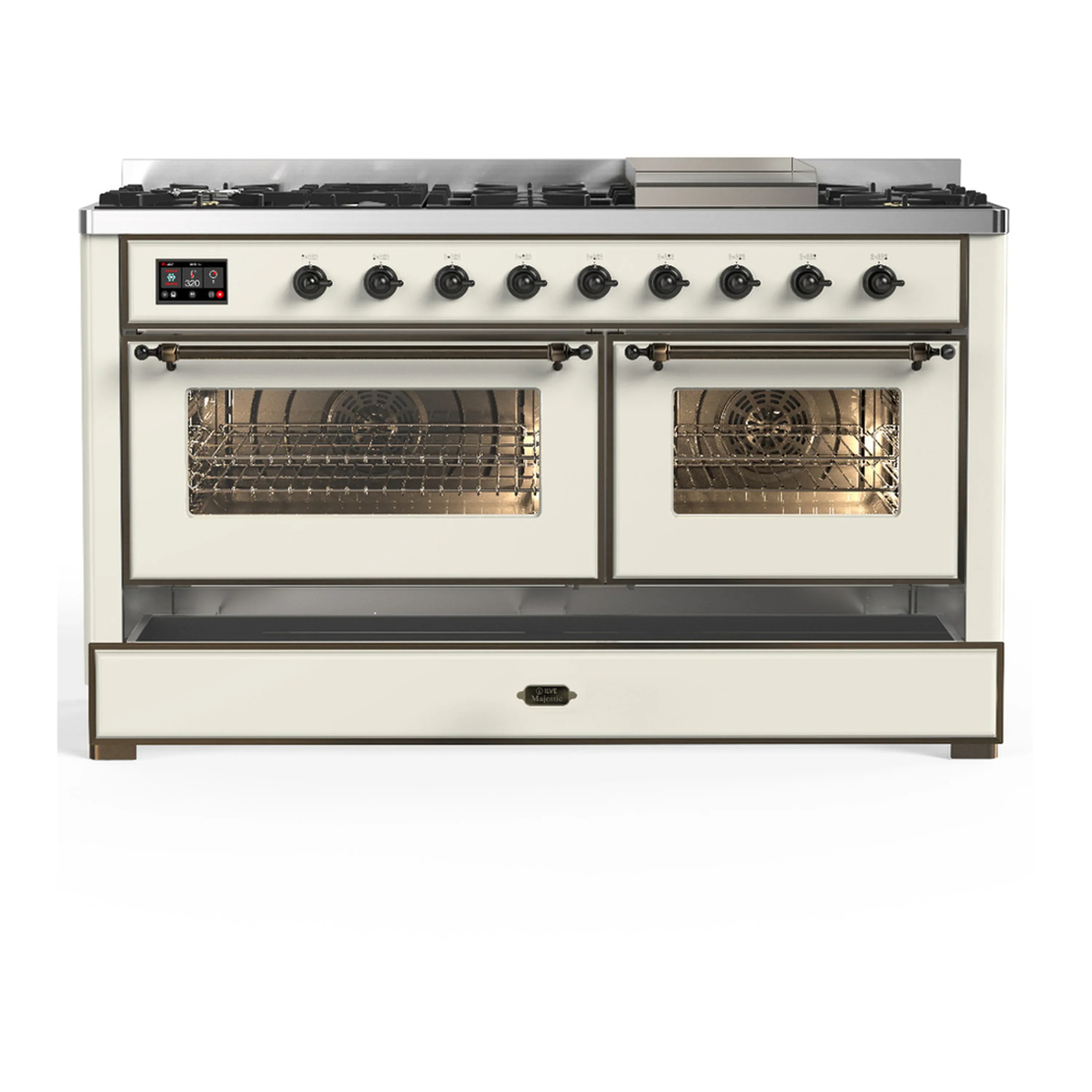 ILVE Majestic III 60-inch Dual Fuel Range with 7 Natural Gas Burner, Griddle and Triple Glass Door Electric Oven in Antique White with Burnished Trim (UM60FNR3AWB) - Image 3