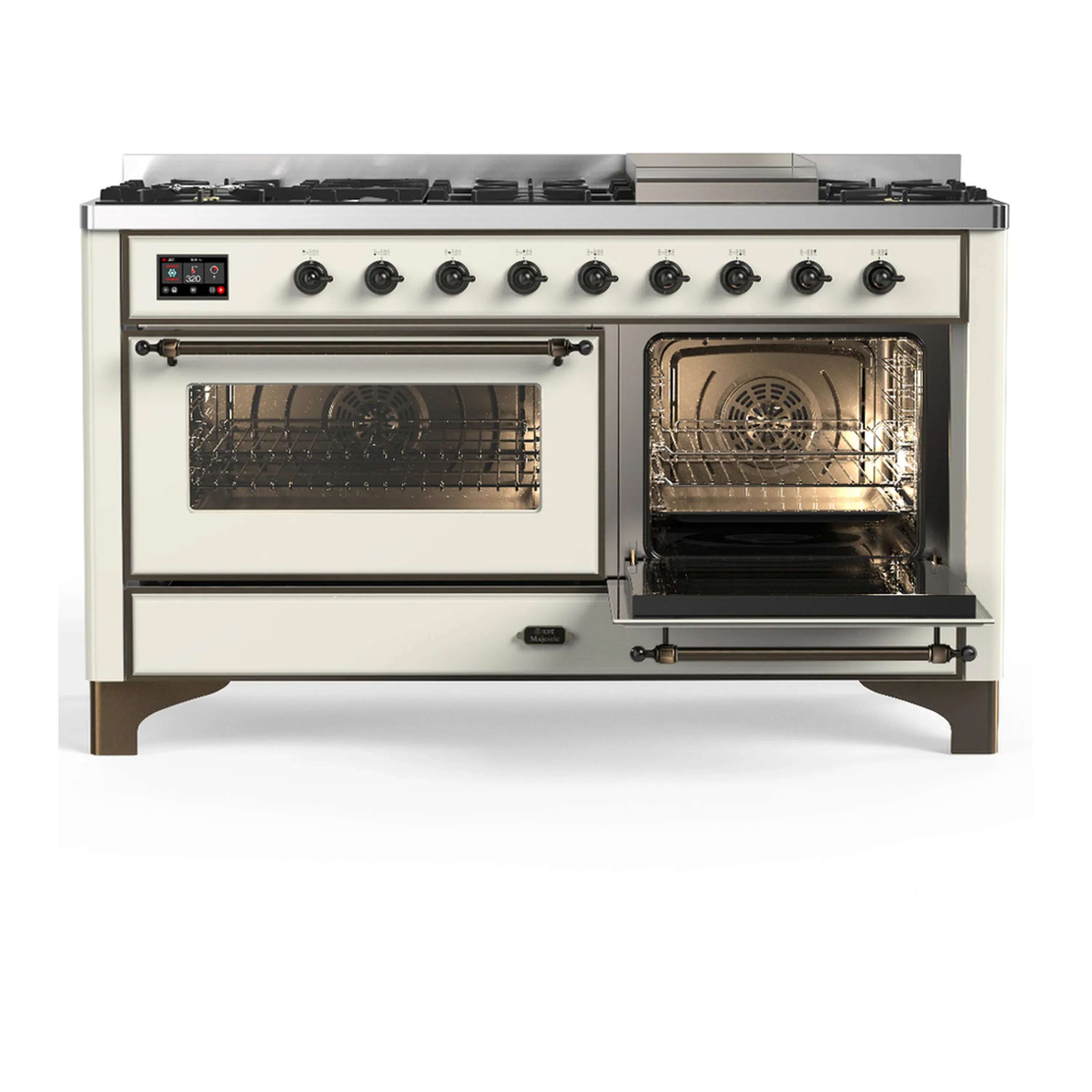 ILVE Majestic III 60-inch Dual Fuel Range with 7 Natural Gas Burner, Griddle and Triple Glass Door Electric Oven in Antique White with Burnished Trim (UM60FNR3AWB) - Image 4