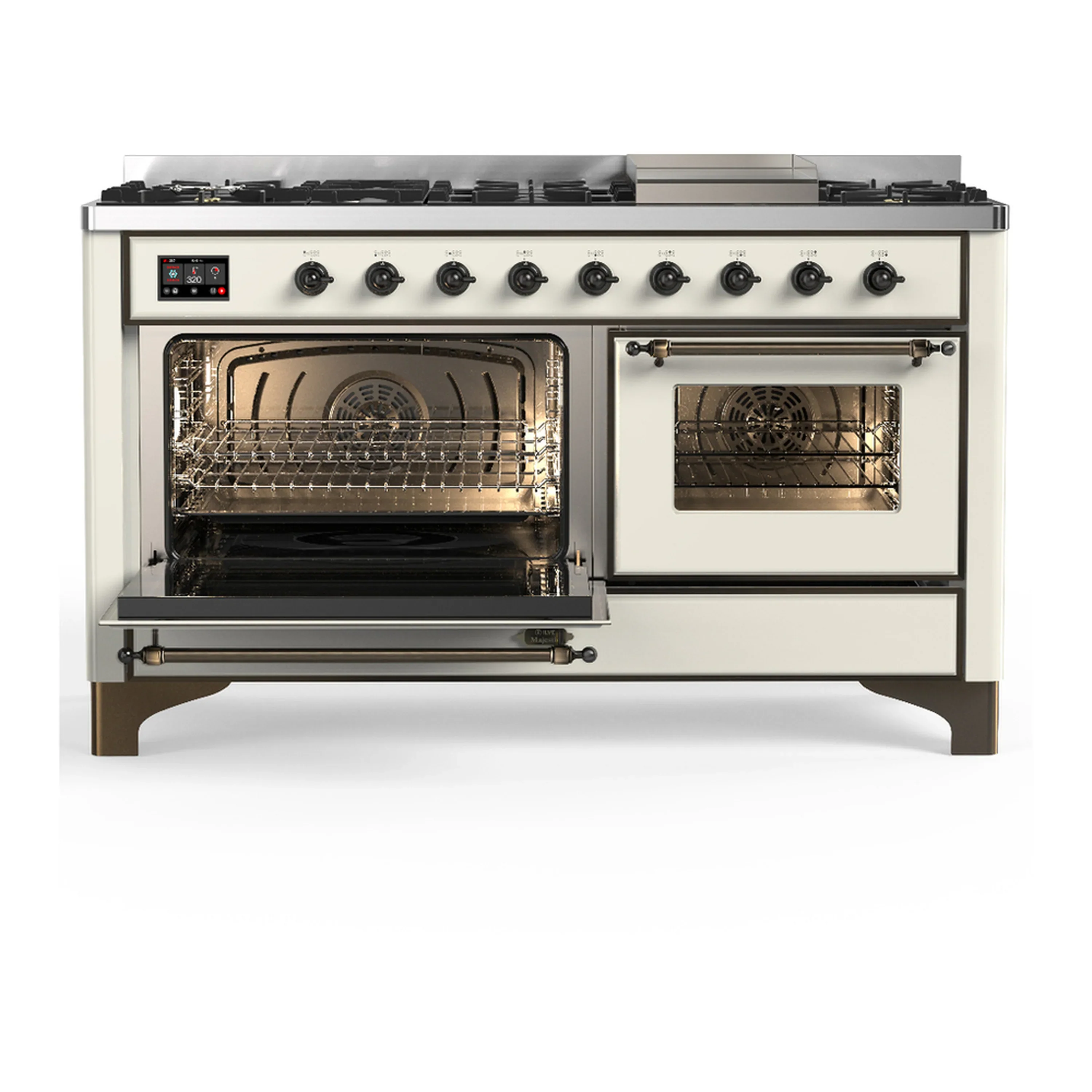 ILVE Majestic III 60-inch Dual Fuel Range with 7 Natural Gas Burner, Griddle and Triple Glass Door Electric Oven in Antique White with Burnished Trim (UM60FNR3AWB) - Image 5