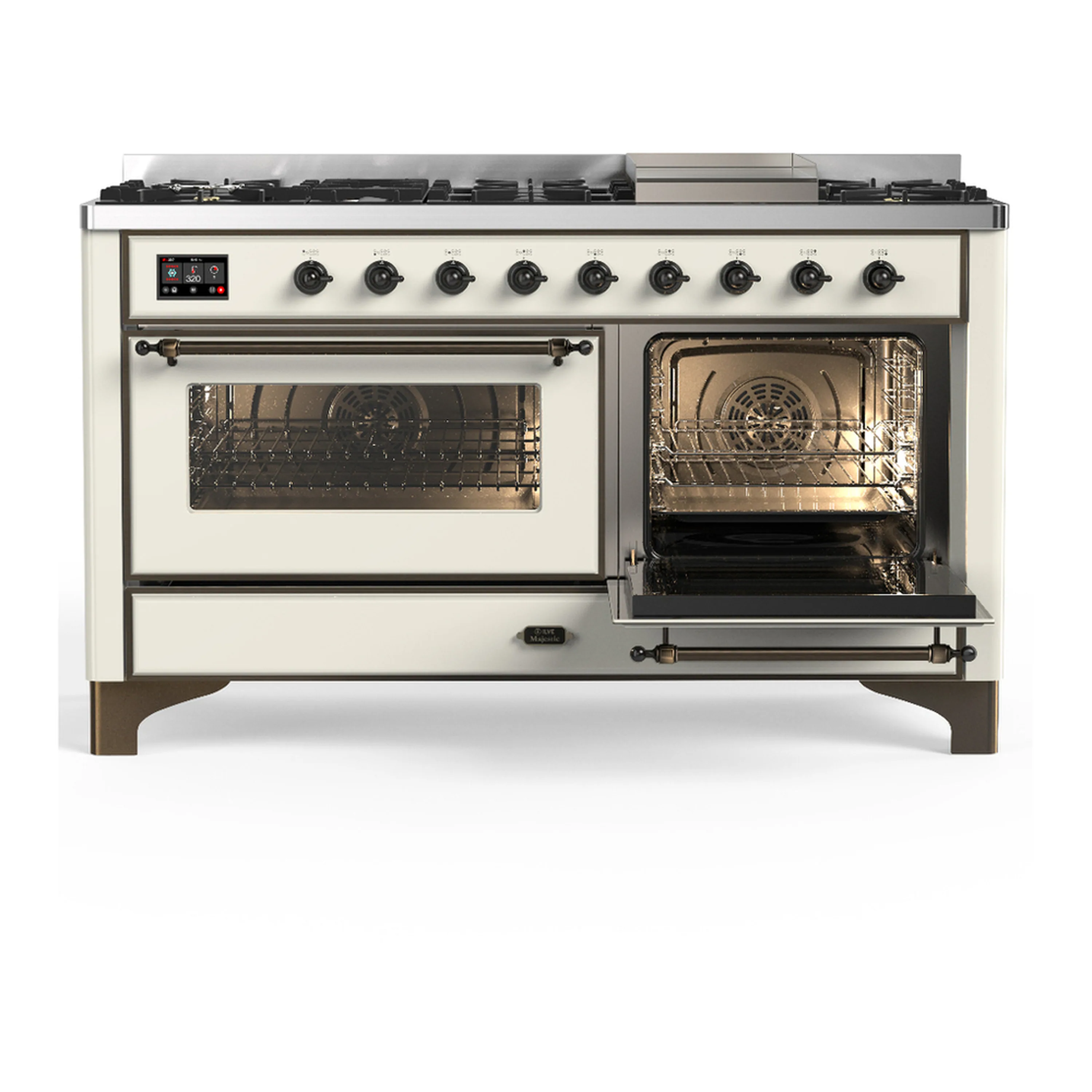 ILVE Majestic III 60-inch Dual Fuel Range with 5 Liquid Propane Burner, Griddle and Triple Glass Door Electric Oven in Antique White with Burnished Trim (UM60FNR3AWBLP) - Image 4