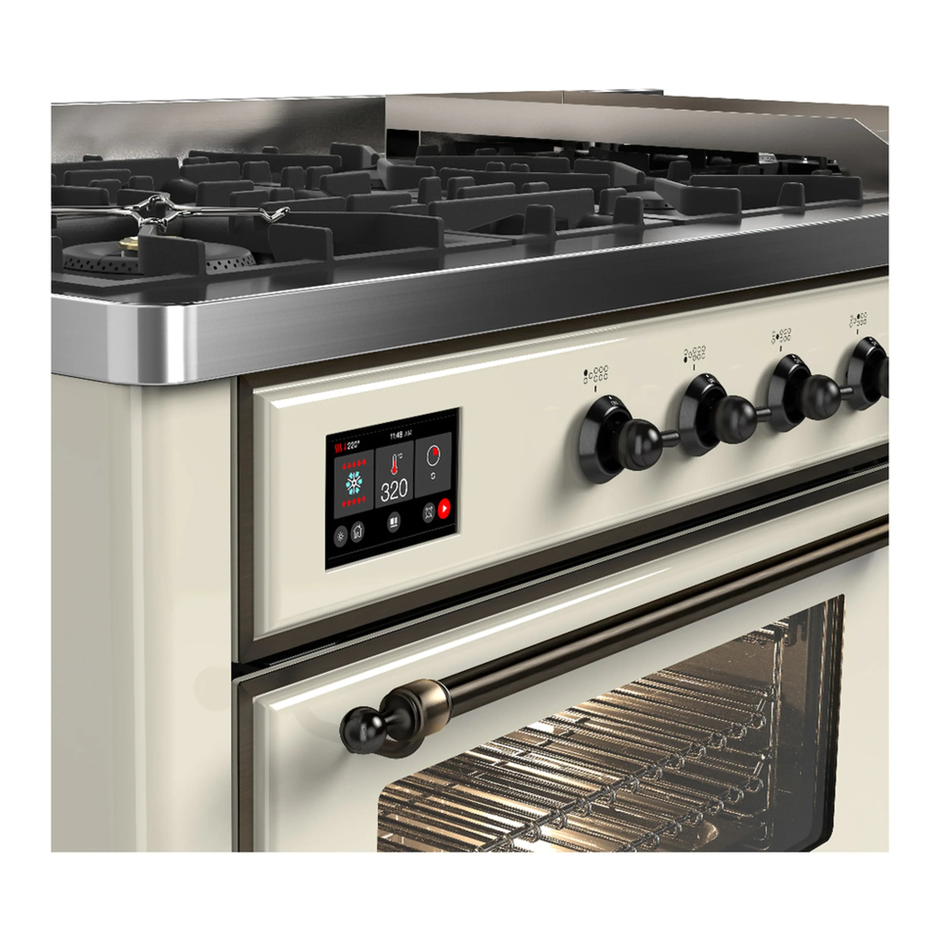 ILVE Majestic III 60-inch Dual Fuel Range with 5 Liquid Propane Burner, Griddle and Triple Glass Door Electric Oven in Antique White with Burnished Trim (UM60FNR3AWBLP) - Image 7