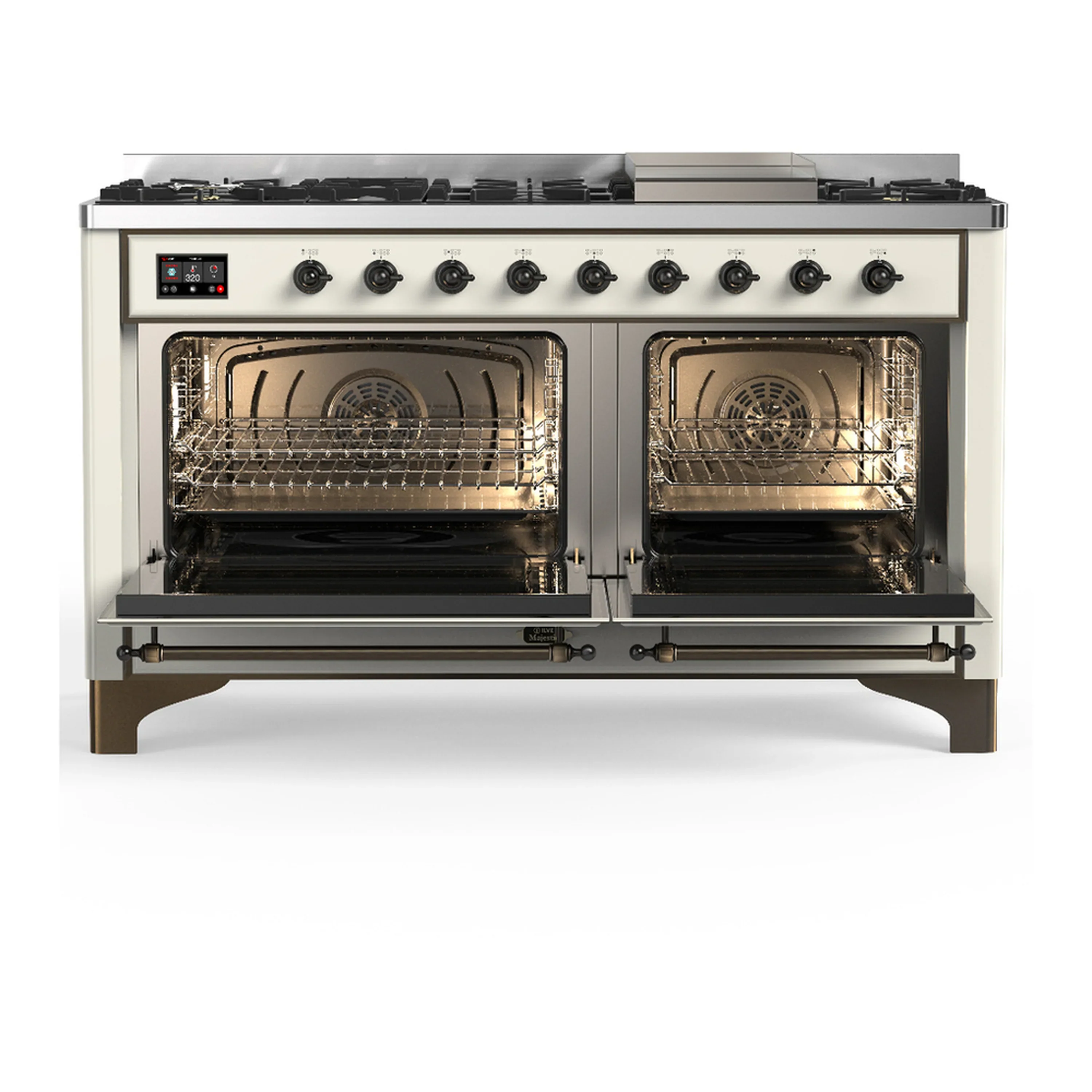 ILVE Majestic III 60-inch Dual Fuel Range with 7 Natural Gas Burner, Griddle and Solid Door Electric Oven in Antique White with Burnished Trim (UM60FQNR3AWB) - Image 6