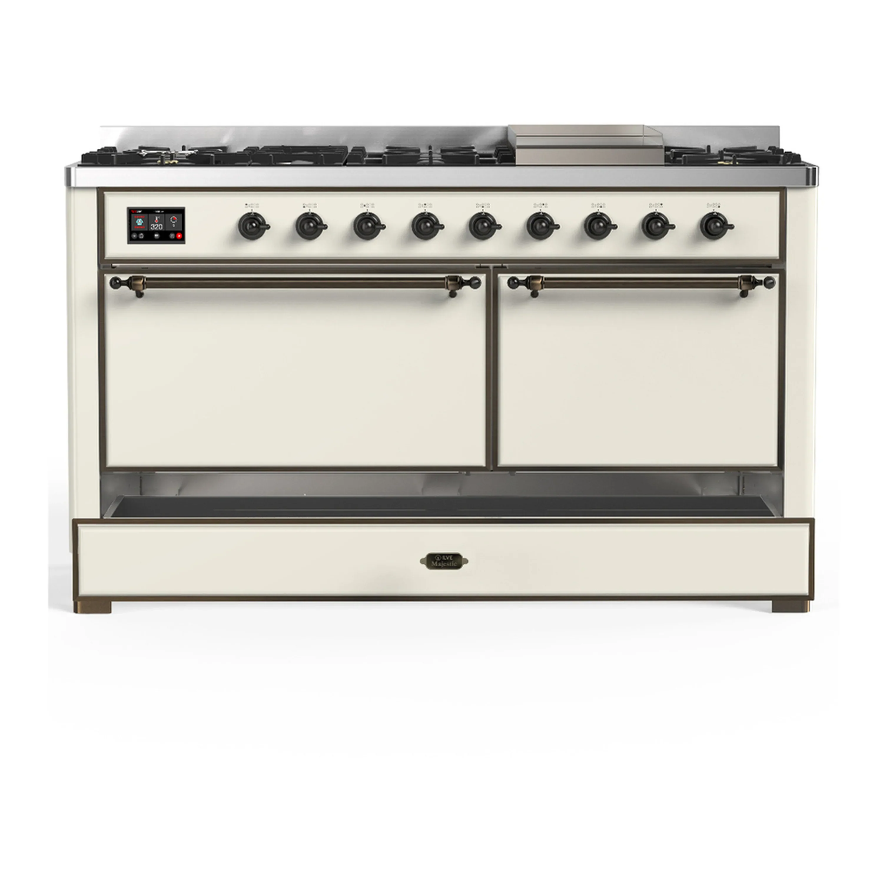 ILVE Majestic III 60-inch Dual Fuel Range with 5 Liquid Propane Burner, Griddle and Solid Door Electric Oven in Antique White with Burnished Trim (UM60FQNR3AWBLP) - Image 3