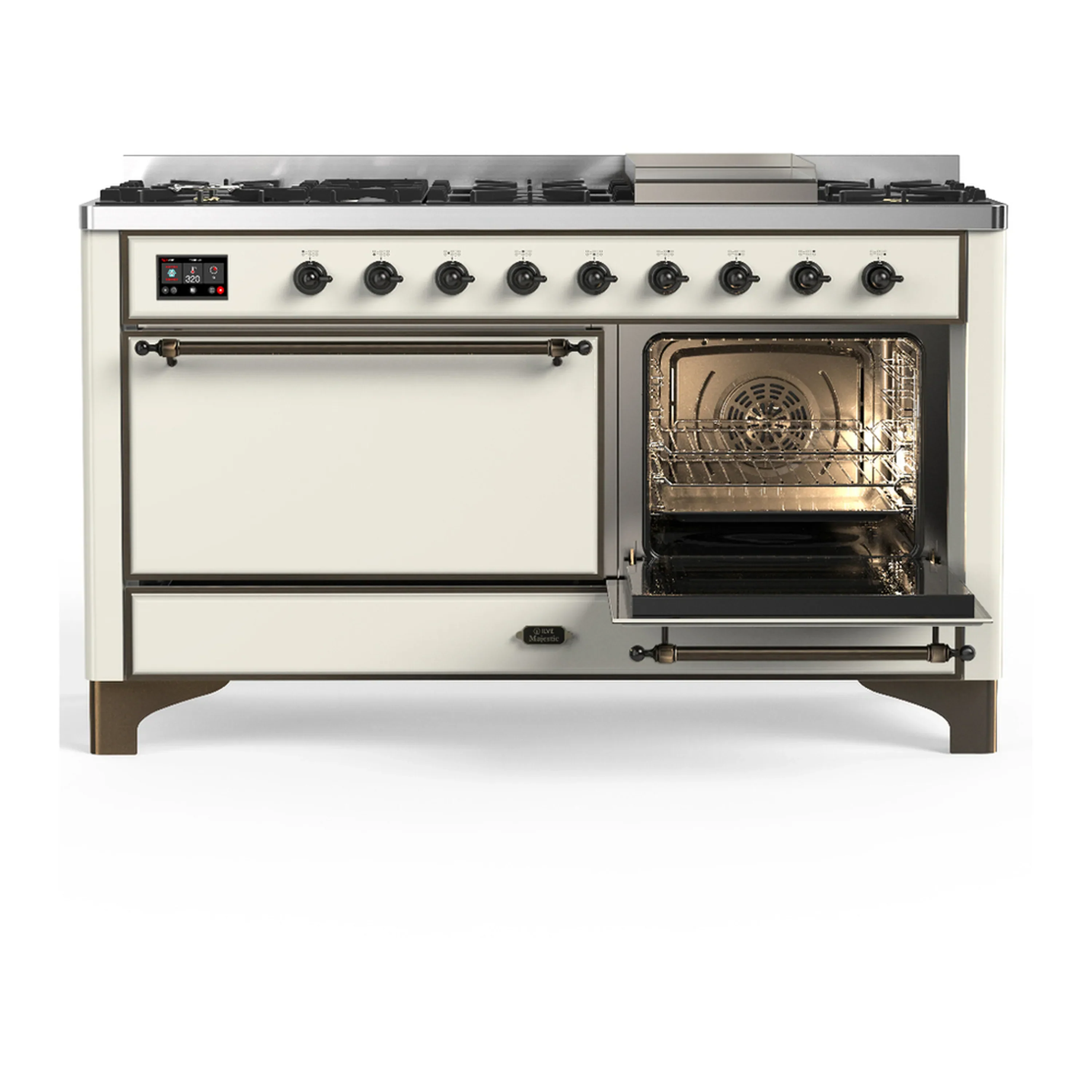 ILVE Majestic III 60-inch Dual Fuel Range with 5 Liquid Propane Burner, Griddle and Solid Door Electric Oven in Antique White with Burnished Trim (UM60FQNR3AWBLP) - Image 4