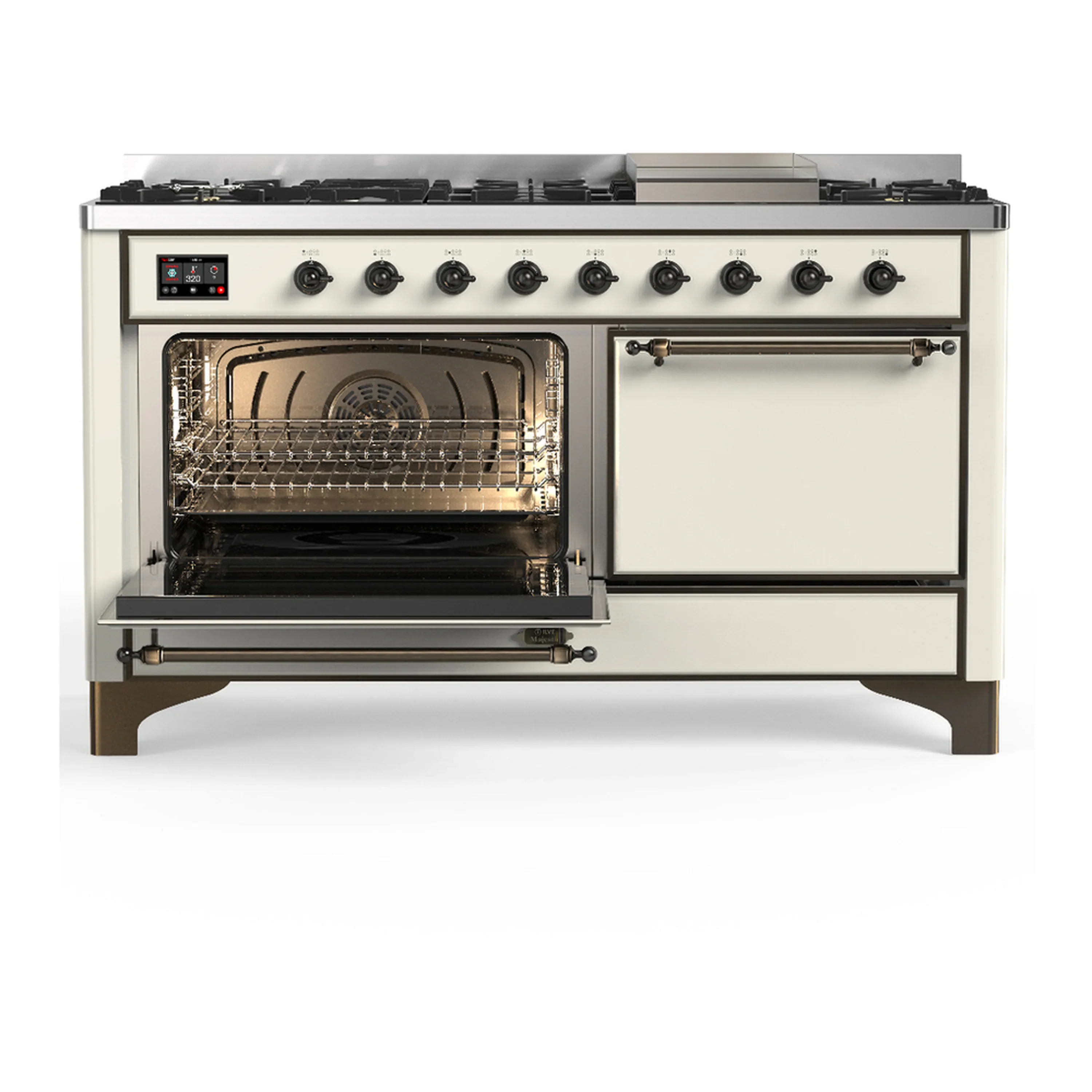 ILVE Majestic III 60-inch Dual Fuel Range with 5 Liquid Propane Burner, Griddle and Solid Door Electric Oven in Antique White with Burnished Trim (UM60FQNR3AWBLP) - Image 5
