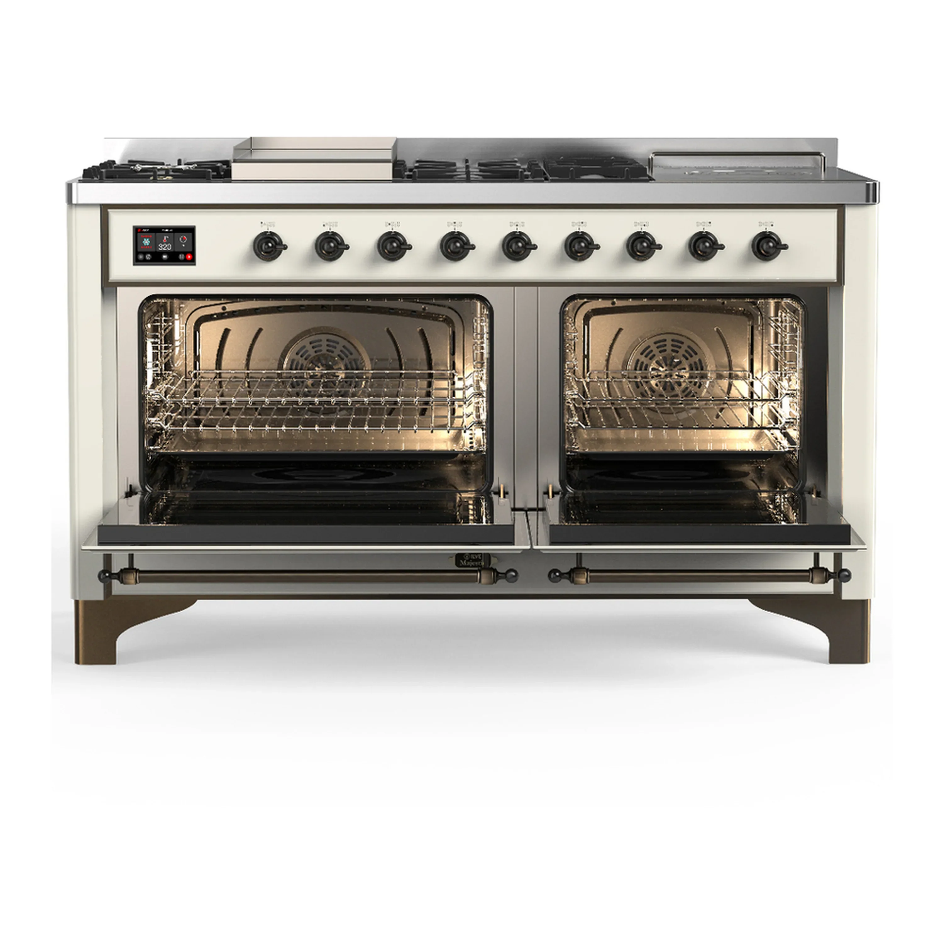ILVE Majestic III 60-inch Dual Fuel Range with 7 Natural Gas Burner, Griddle, French Top and Triple Glass Door Electric Oven in Antique White with Burnished Trim (UM60FSNR3AWB) - Image 6