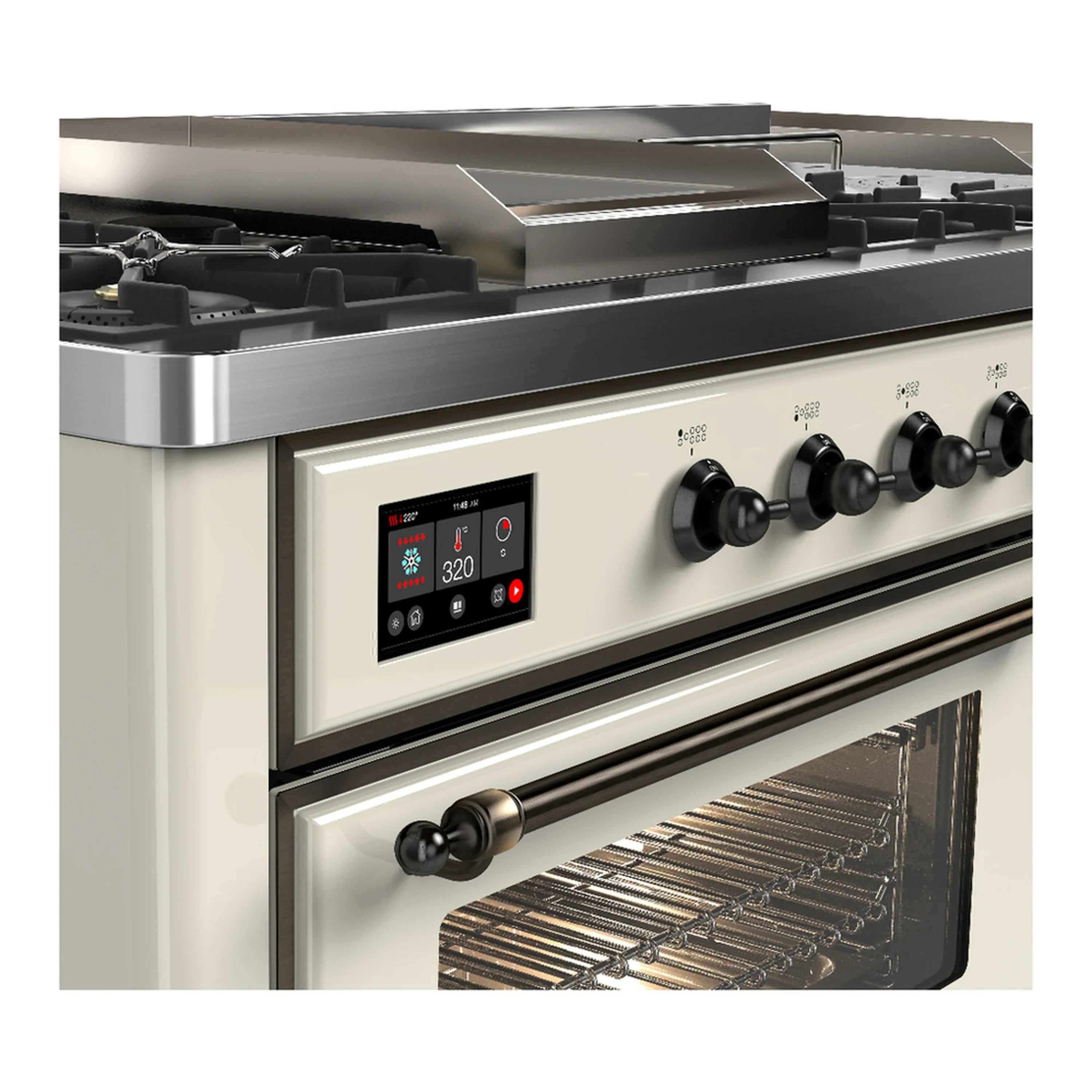 ILVE Majestic III 60-inch Dual Fuel Range with 7 Natural Gas Burner, Griddle, French Top and Triple Glass Door Electric Oven in Antique White with Burnished Trim (UM60FSNR3AWB) - Image 7