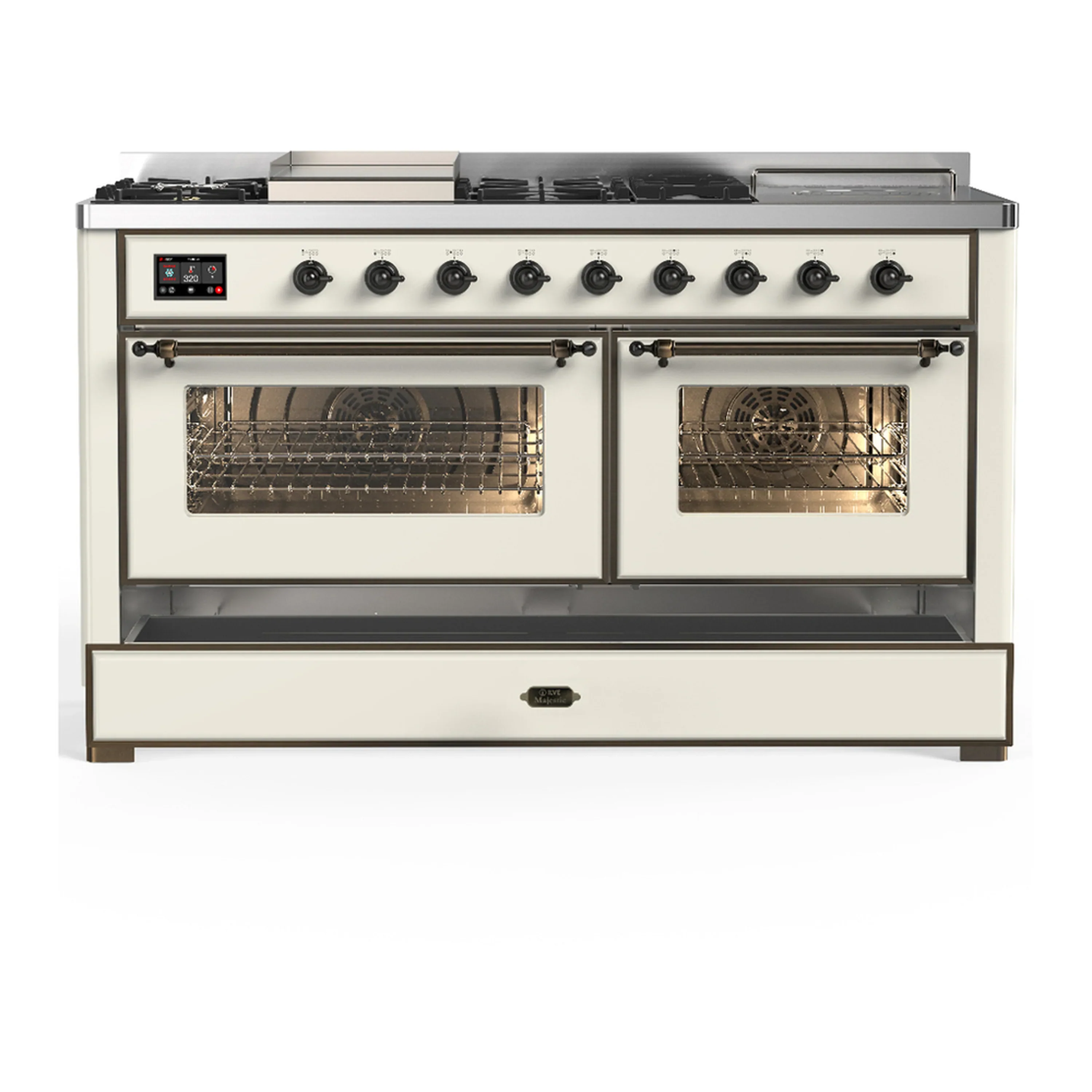 ILVE Majestic III 60-inch Dual Fuel Range with 5 Liquid Propane Burner, Griddle, French Top and Triple Glass Door Electric Oven in Antique White with Burnished Trim (UM60FSNR3AWBLP) - Image 3
