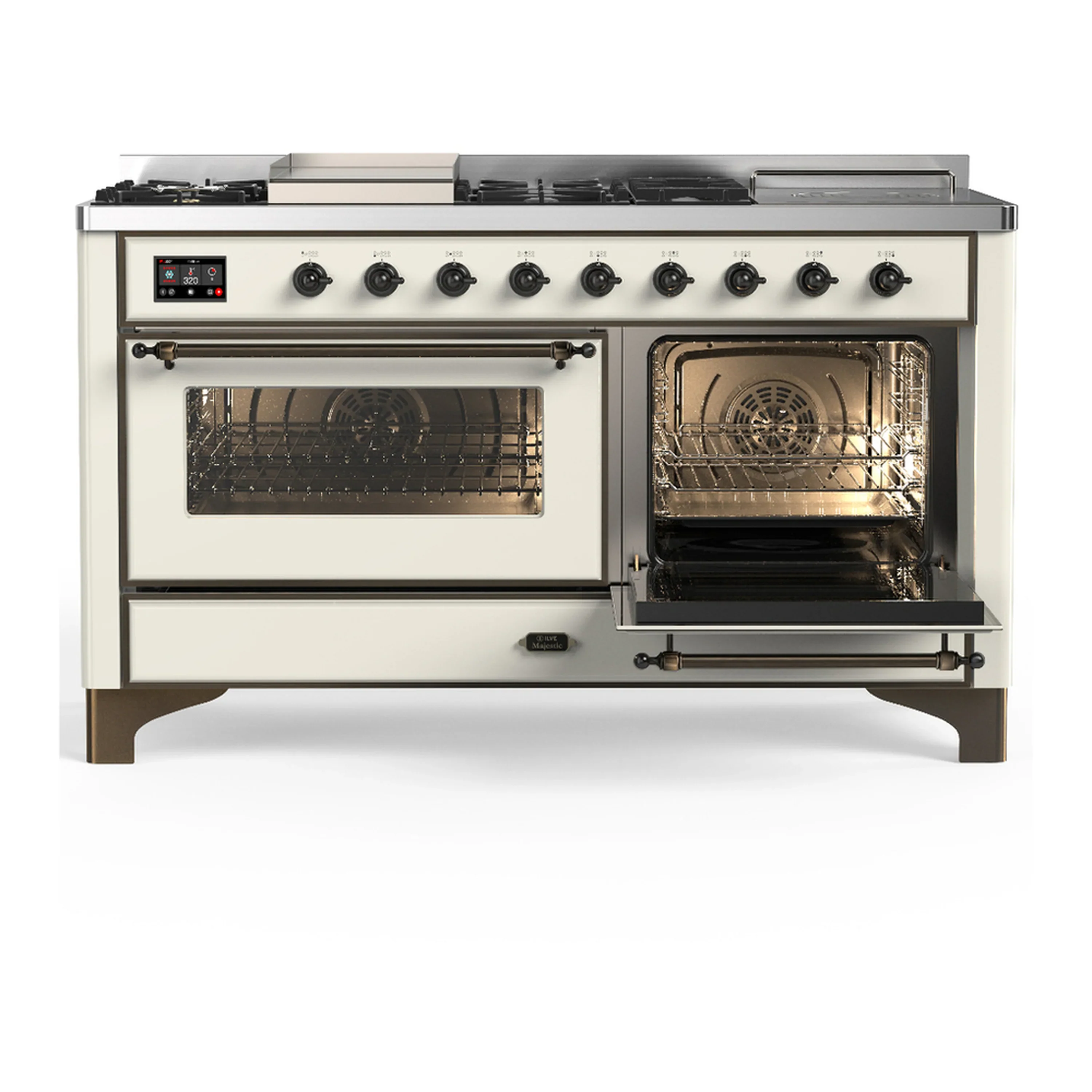ILVE Majestic III 60-inch Dual Fuel Range with 5 Liquid Propane Burner, Griddle, French Top and Triple Glass Door Electric Oven in Antique White with Burnished Trim (UM60FSNR3AWBLP) - Image 4