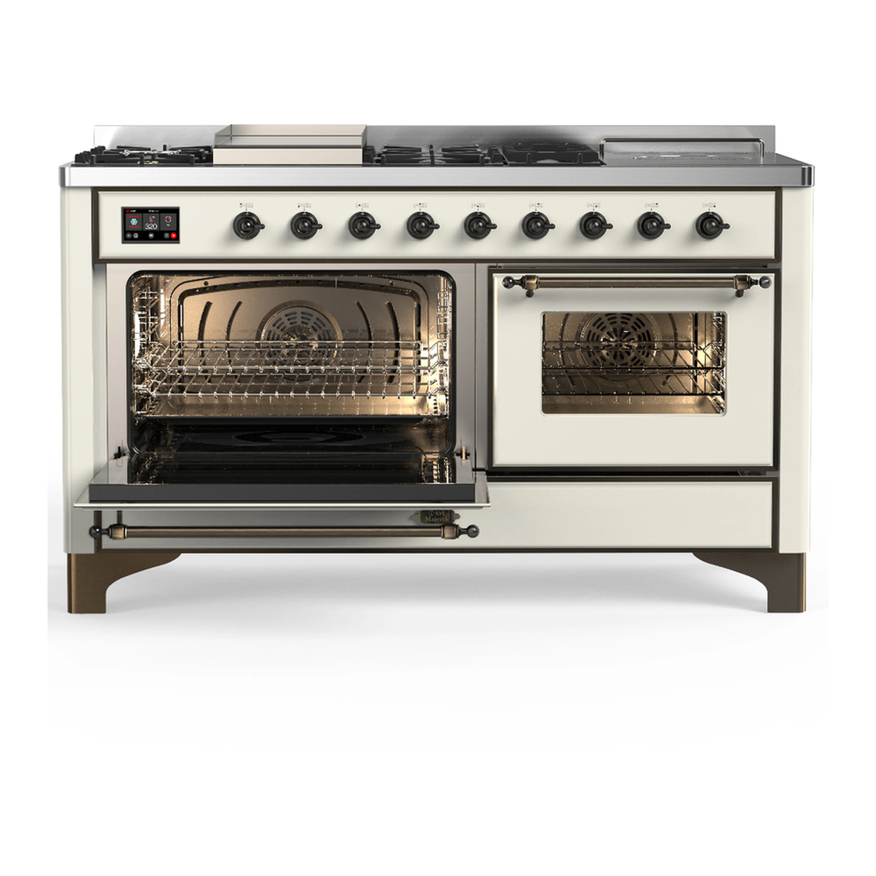 ILVE Majestic III 60-inch Dual Fuel Range with 5 Liquid Propane Burner, Griddle, French Top and Triple Glass Door Electric Oven in Antique White with Burnished Trim (UM60FSNR3AWBLP) - Image 5