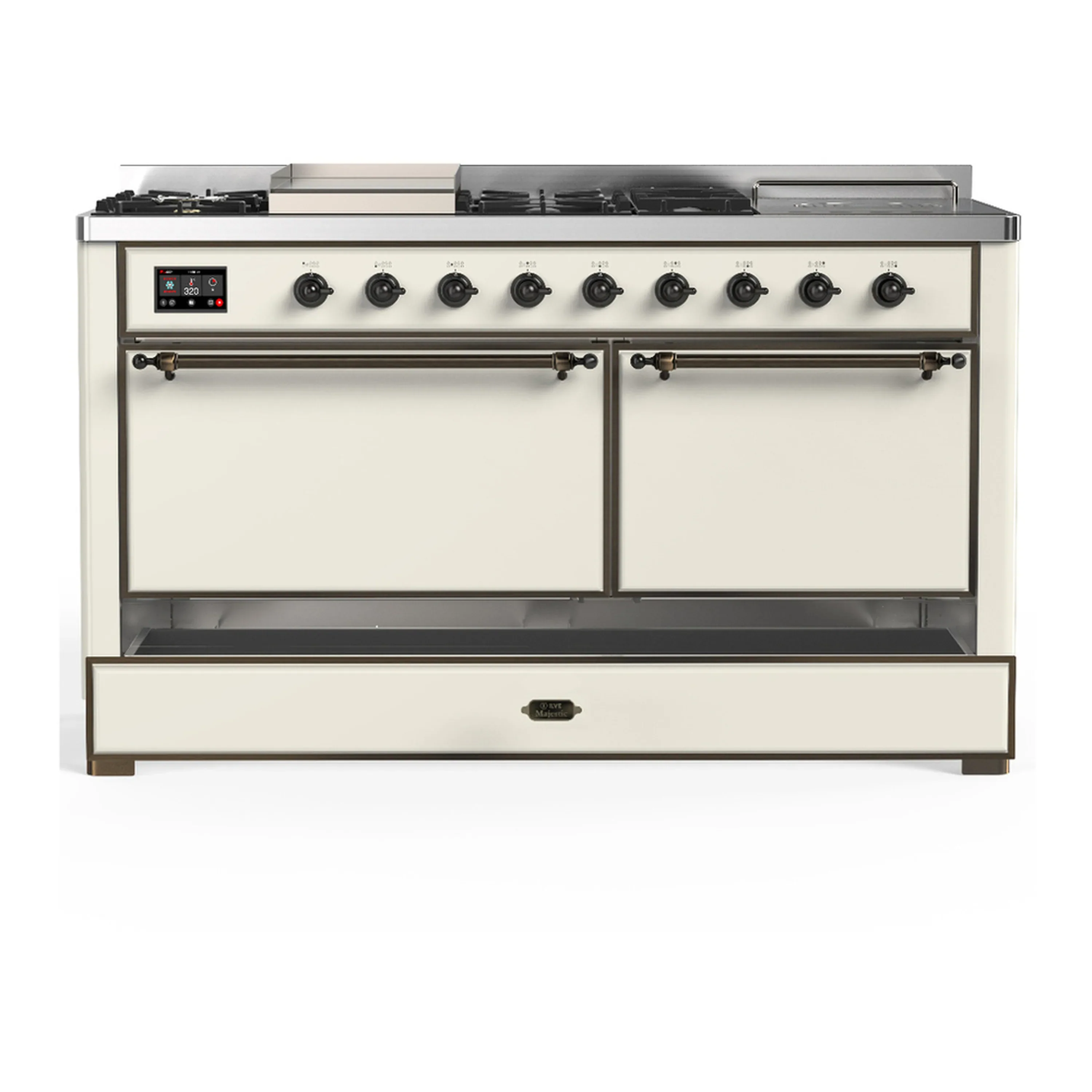 ILVE Majestic III 60-inch Dual Fuel Range with 7 Natural Gas Burner, Griddle, French Top and Solid Door Electric Oven in Antique White with Burnished Trim (UM60FSQNR3AWB) - Image 3
