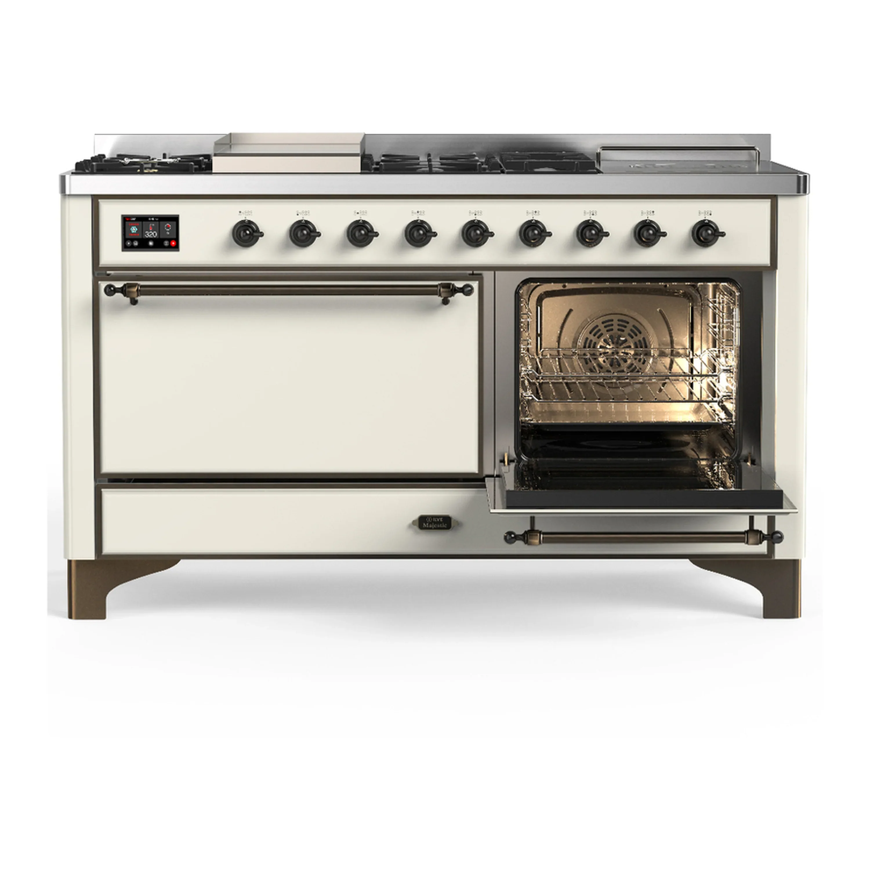 ILVE Majestic III 60-inch Dual Fuel Range with 7 Natural Gas Burner, Griddle, French Top and Solid Door Electric Oven in Antique White with Burnished Trim (UM60FSQNR3AWB) - Image 4