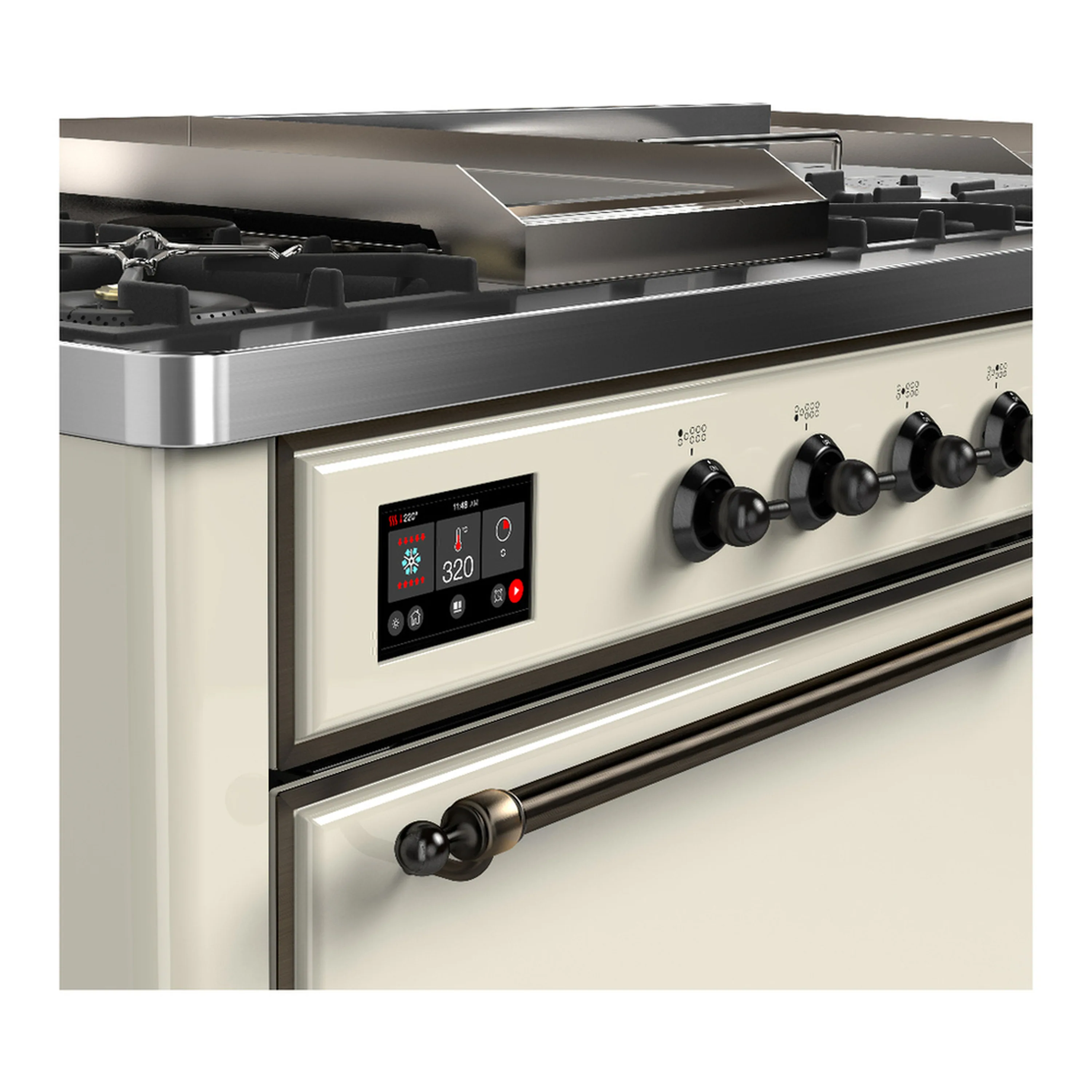 ILVE Majestic III 60-inch Dual Fuel Range with 7 Natural Gas Burner, Griddle, French Top and Solid Door Electric Oven in Antique White with Burnished Trim (UM60FSQNR3AWB) - Image 7