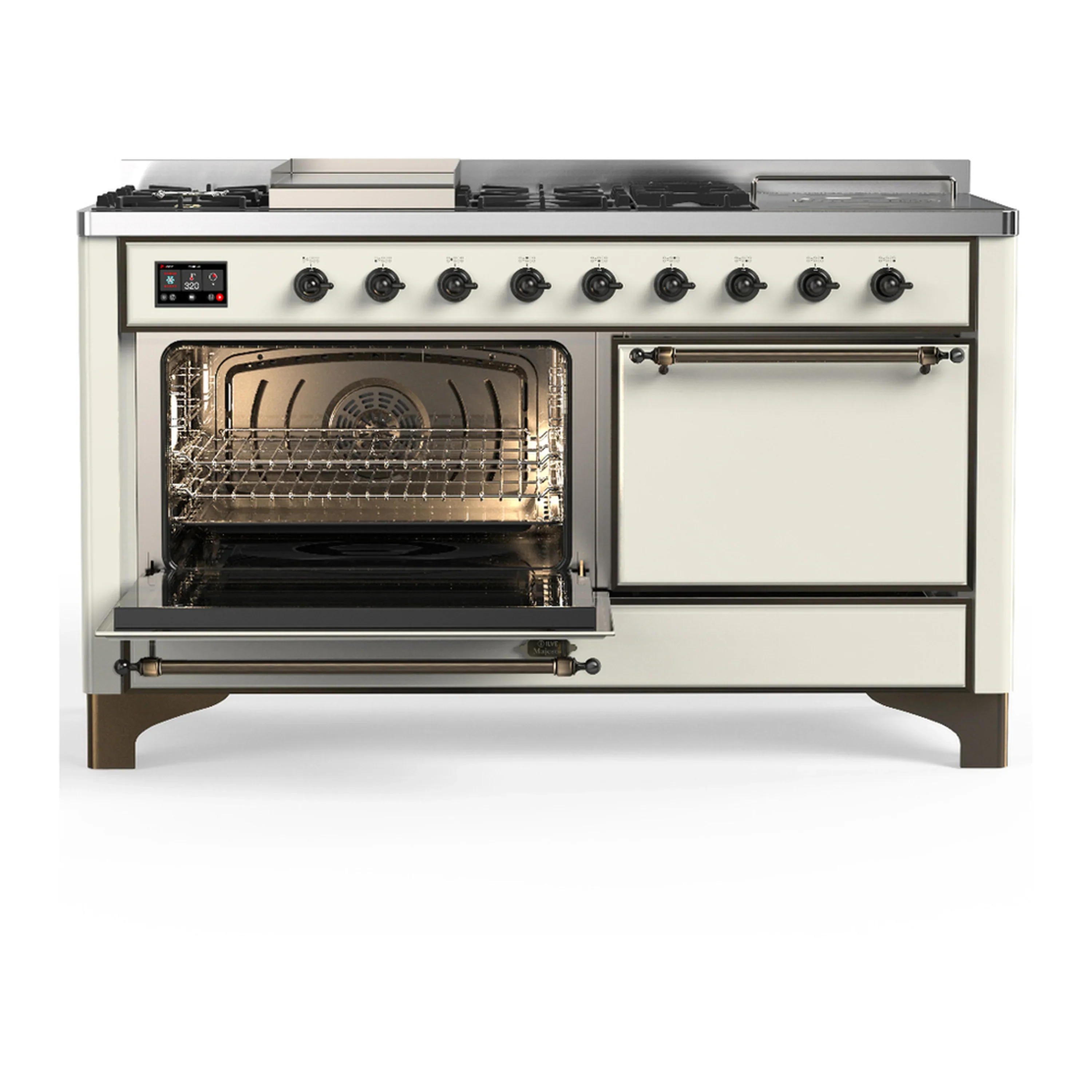 ILVE Majestic III 60-inch Dual Fuel Range with 5 Liquid Propane Burner, Griddle, French Top and Solid Door Electric Oven in Antique White with Burnished Trim (UM60FSQNR3AWBLP) - Image 5
