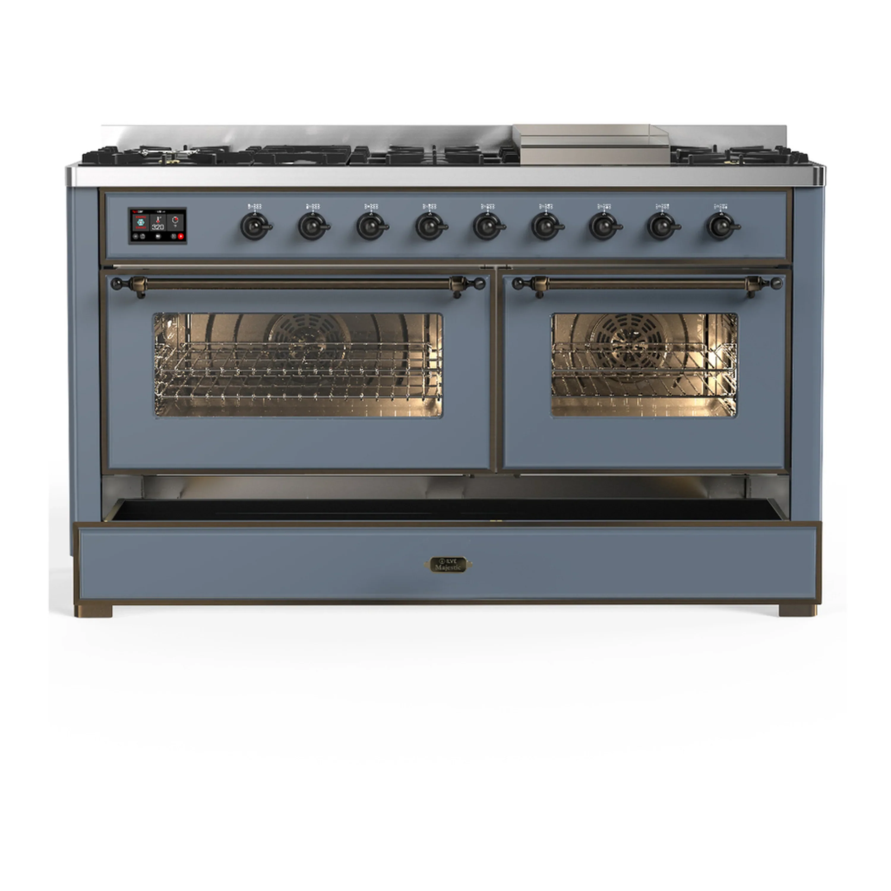 ILVE Majestic III 60-inch Dual Fuel Range with 7 Natural Gas Burner, Griddle and Triple Glass Door Electric Oven in Blue Grey with Burnished Trim (UM60FNR3BGB) - Image 3