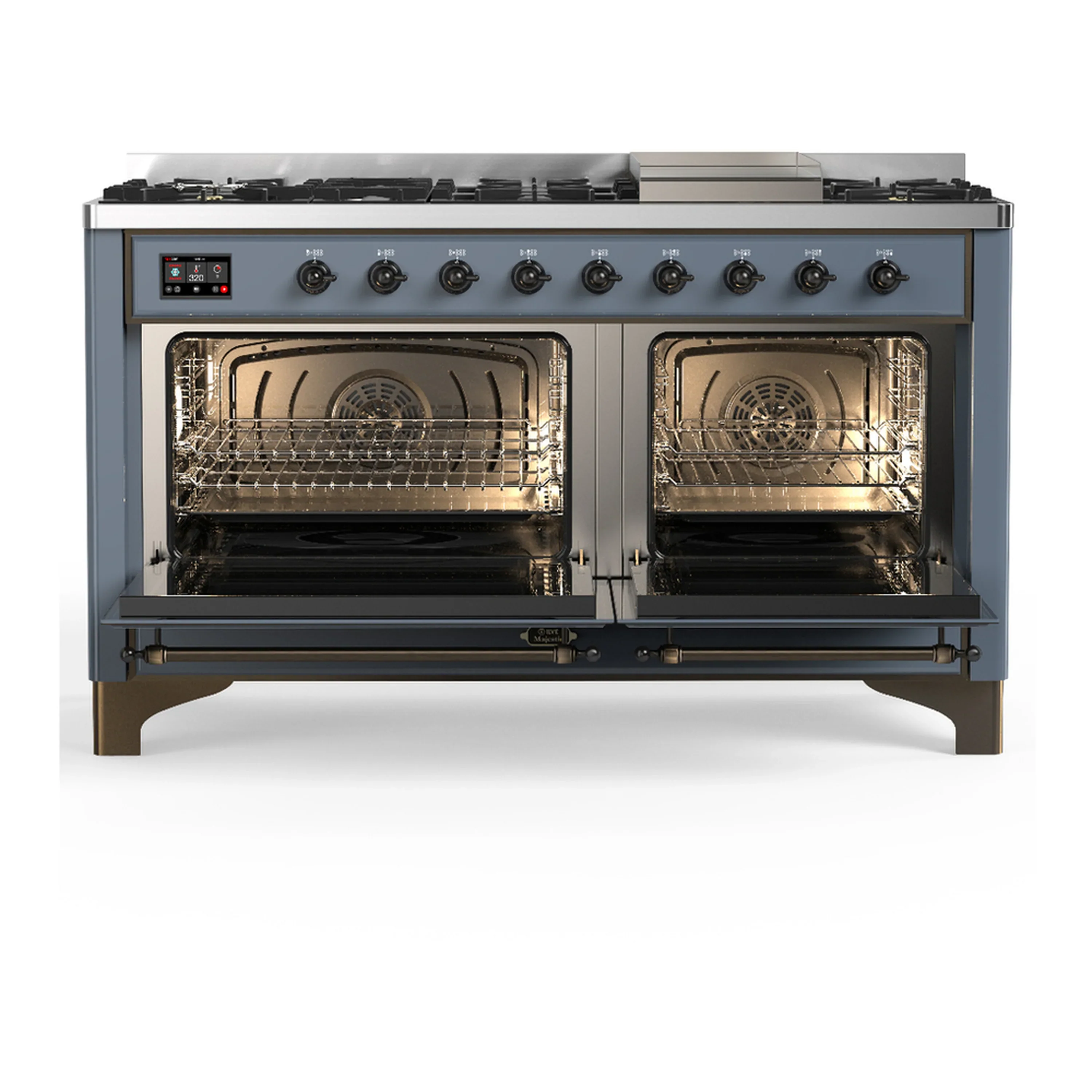 ILVE Majestic III 60-inch Dual Fuel Range with 7 Natural Gas Burner, Griddle and Triple Glass Door Electric Oven in Blue Grey with Burnished Trim (UM60FNR3BGB) - Image 6